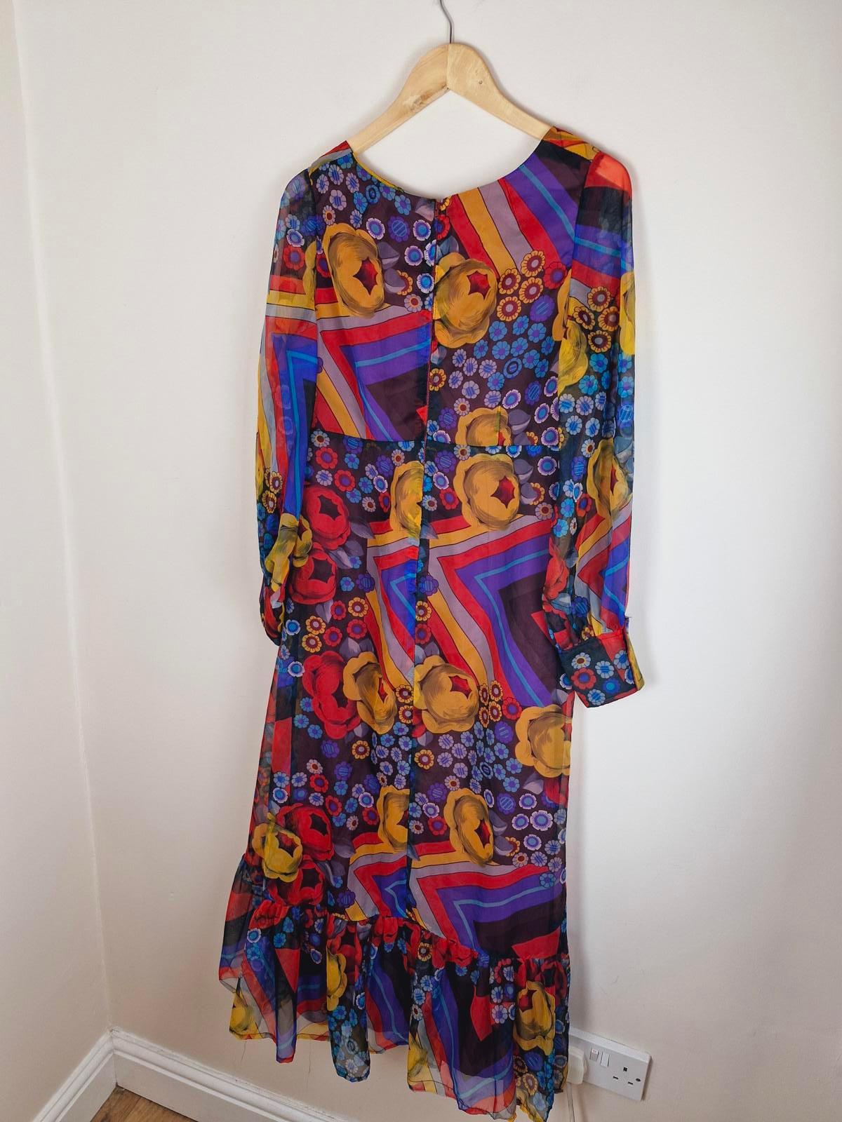 Womens Vintage 1970s 70s Maxi Boho Psychedelic Long Sleeve Dress Handmade S M