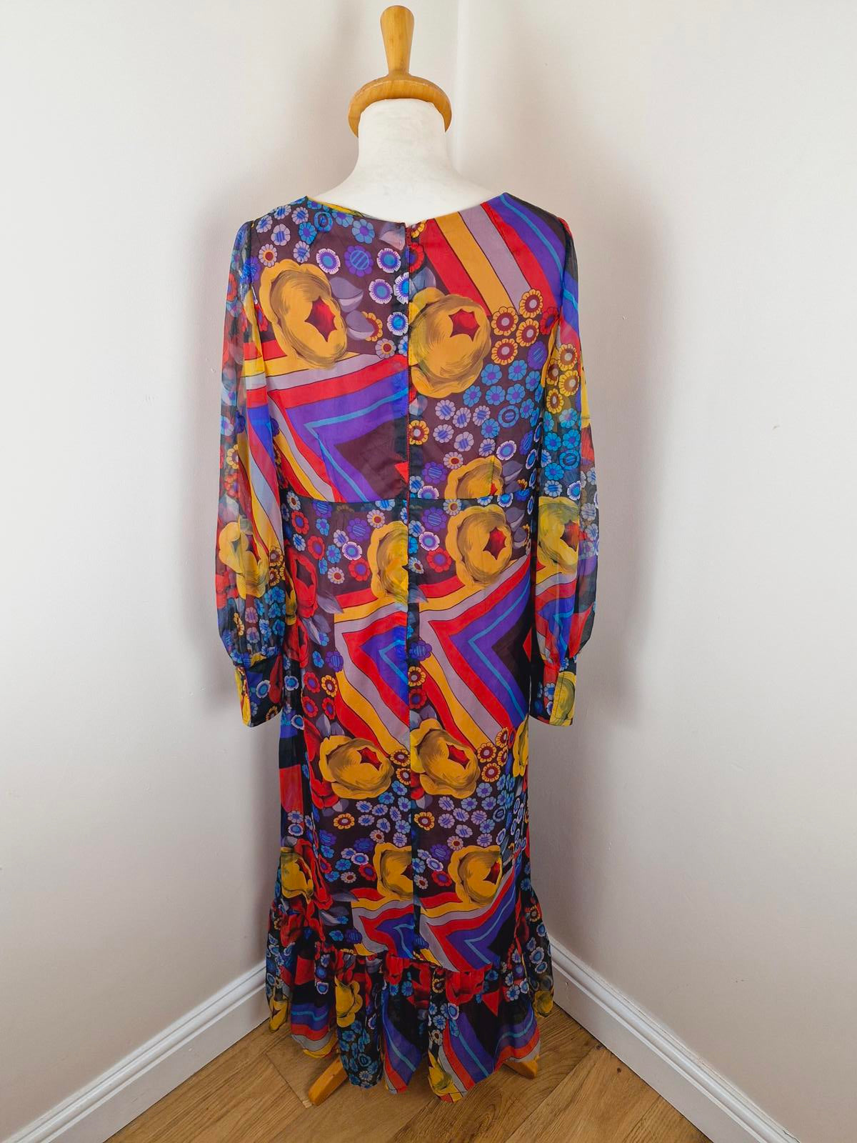 Womens Vintage 1970s 70s Maxi Boho Psychedelic Long Sleeve Dress Handmade S M