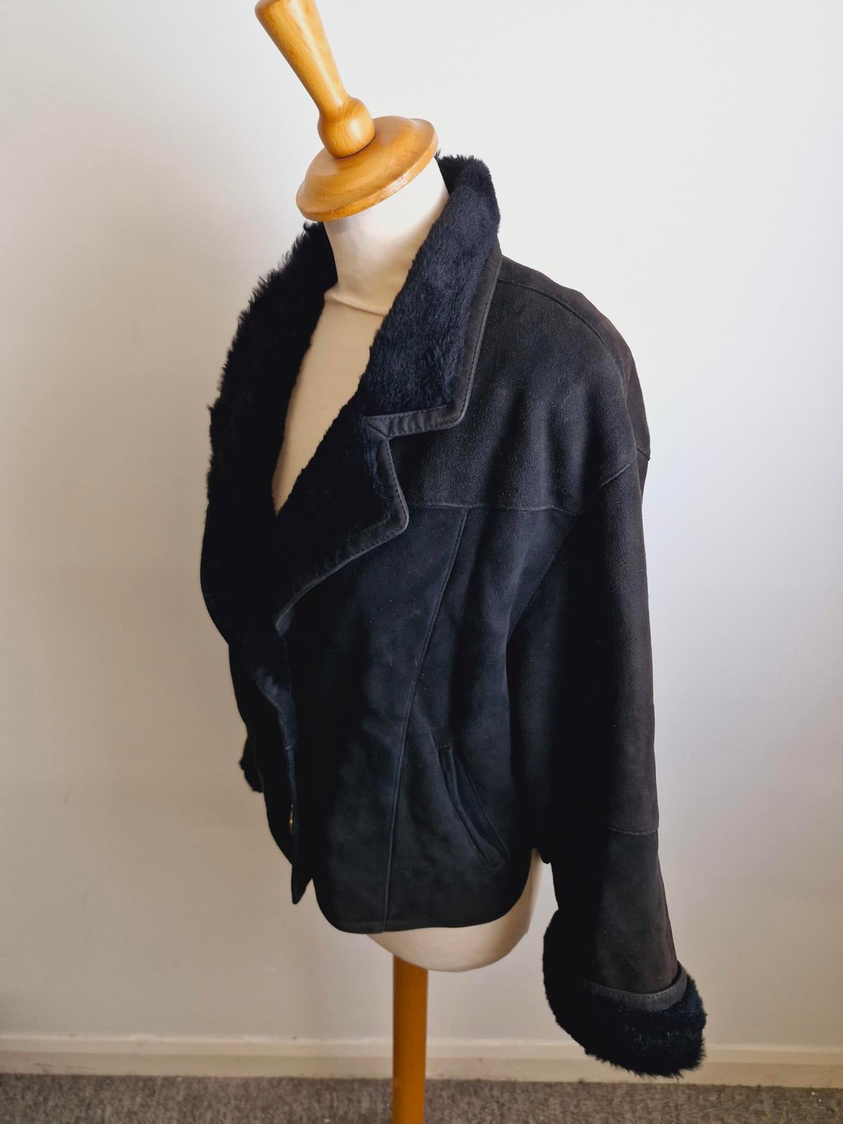 Womens Vintage Black Suede Sheepskin Shearling Coat Bomber Jacket S M UK10