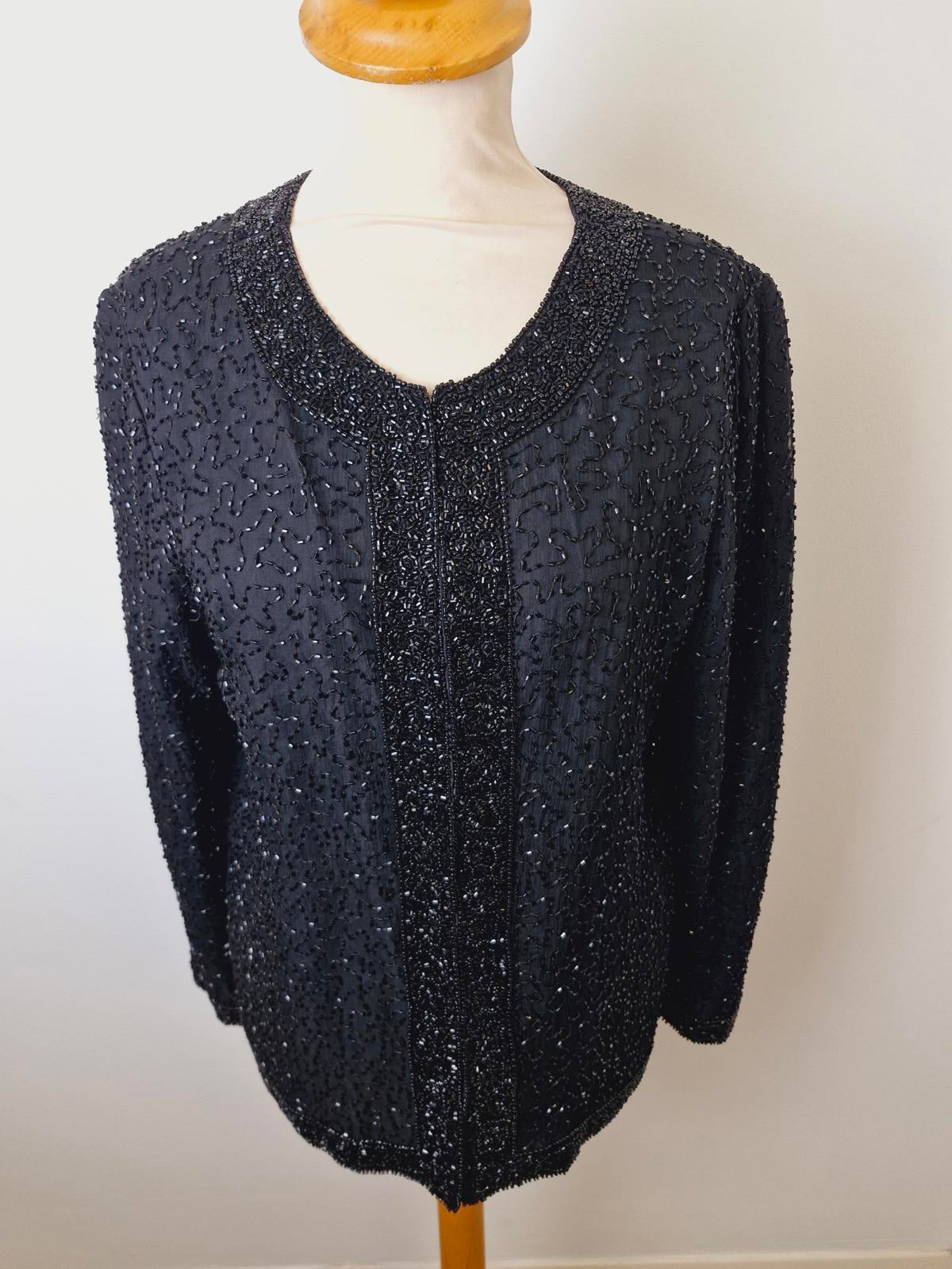 Womens Vintage Black Beaded Sequin Jacket Silk M UK12