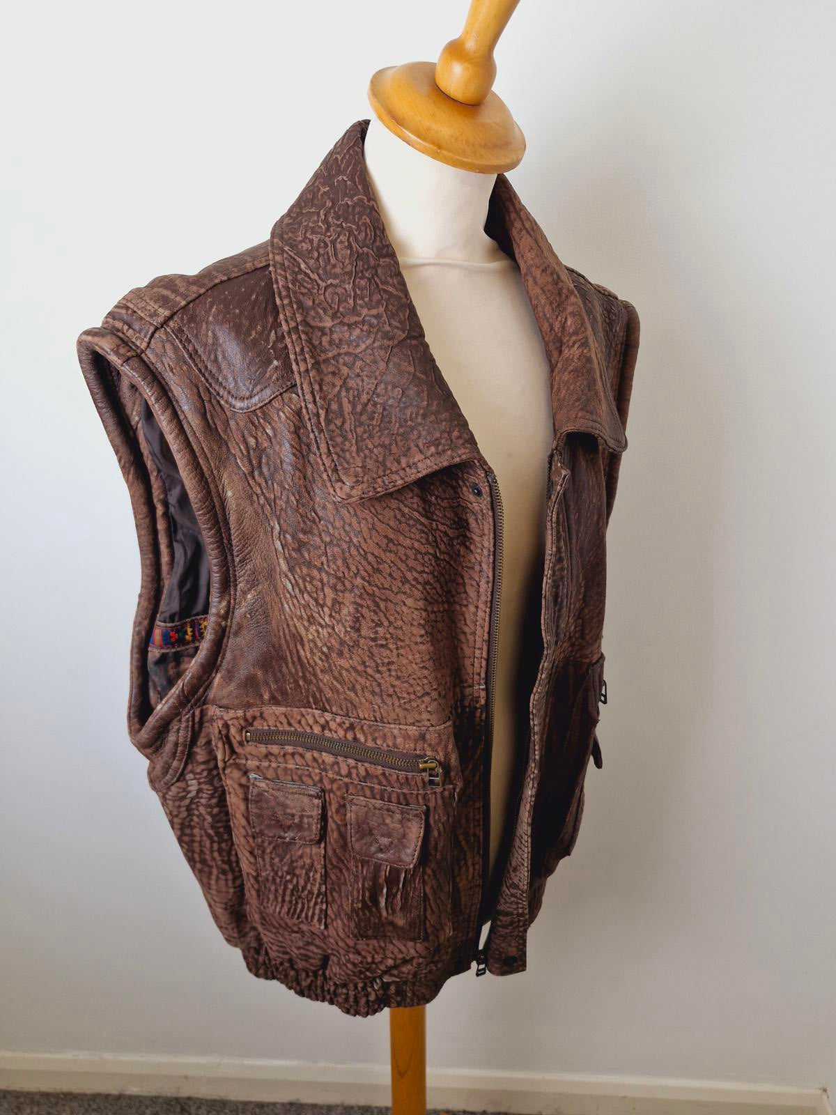 Mens Vintage Real Leather Gilet Jacket Waistcoat Western XL