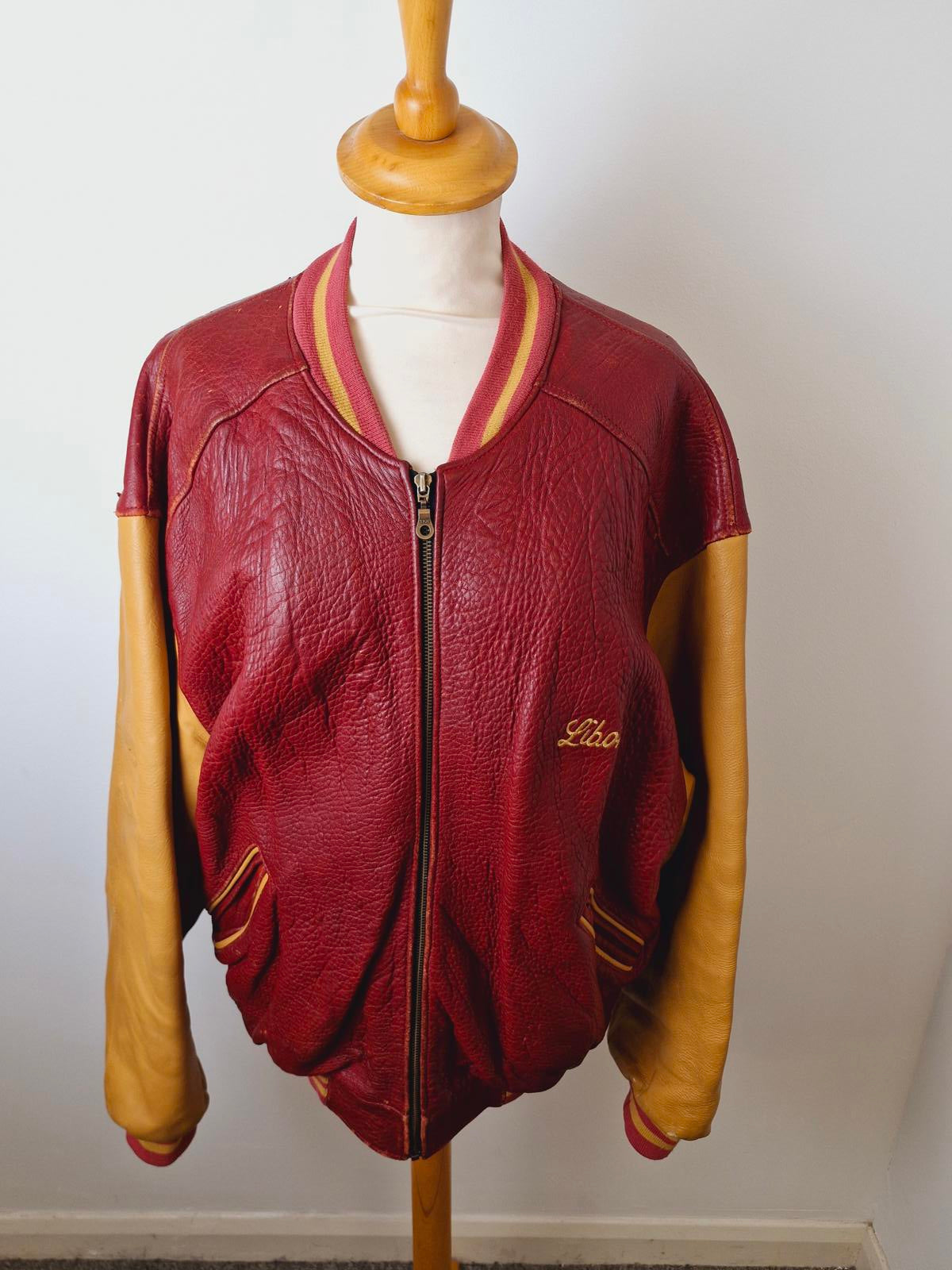 Mens Vintage Real Leather Varsity Bomber Jacket Coat Retro L