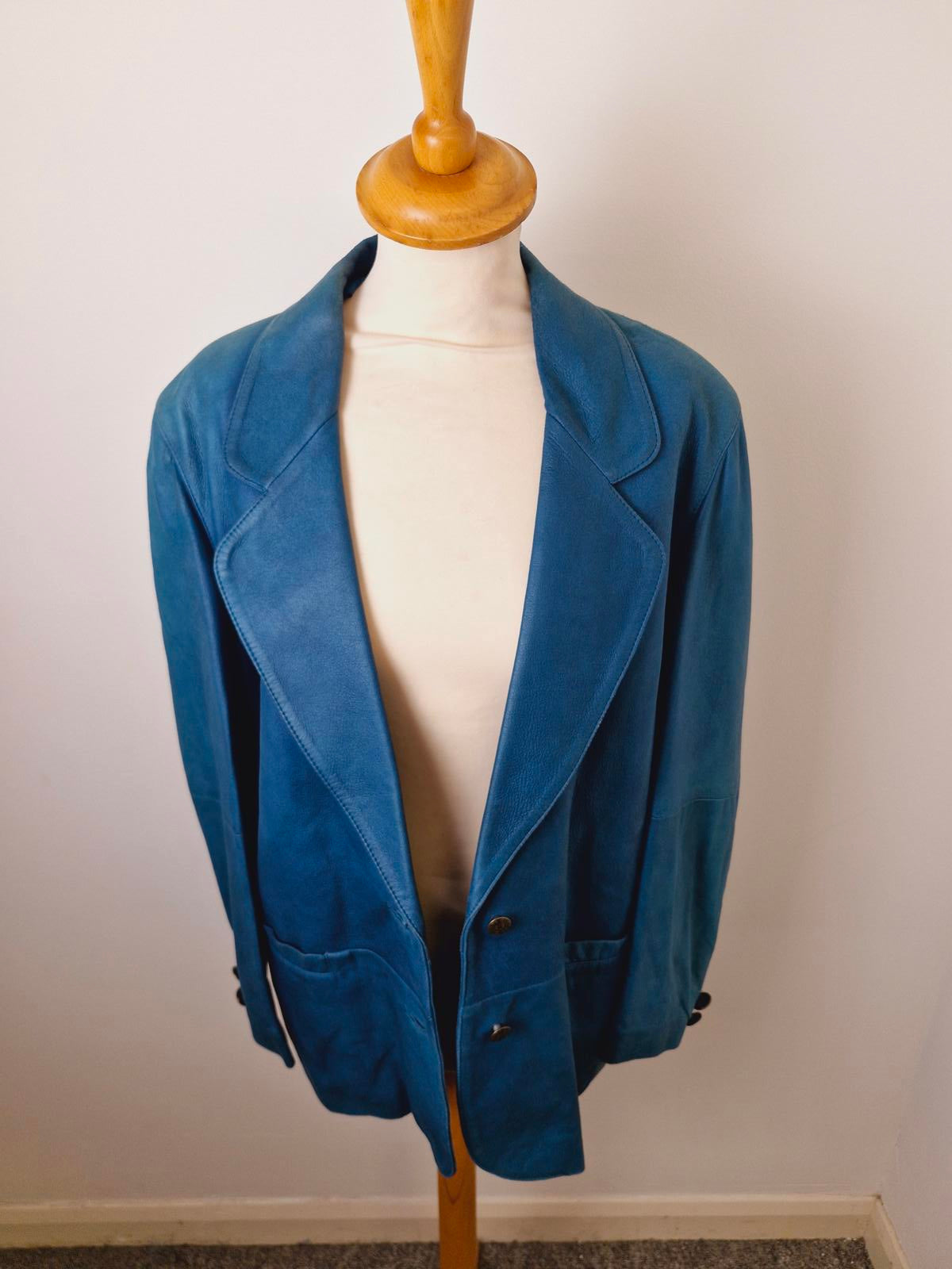 Womens Vintage Blue Real Leather Jacket Coat Blazer UK14