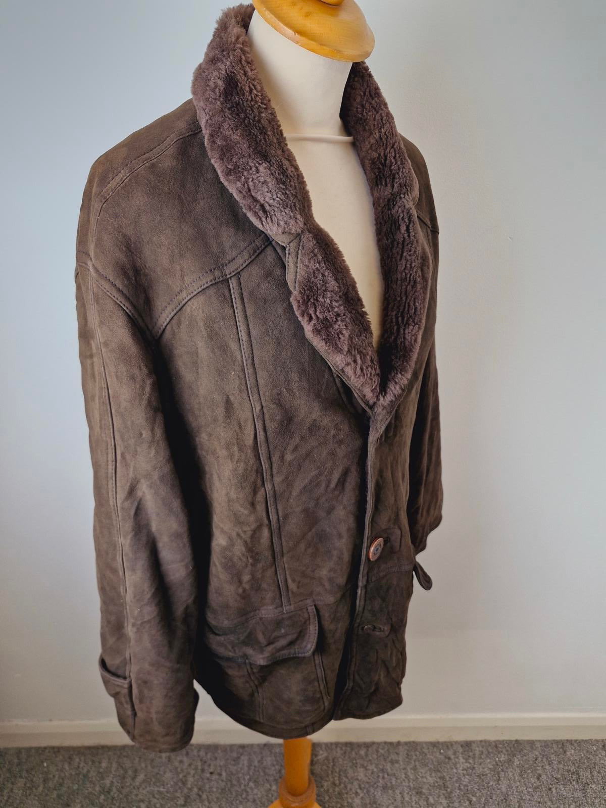Mens Vintage Brown Suede Shearling Sheepskin Coat Jacket M
