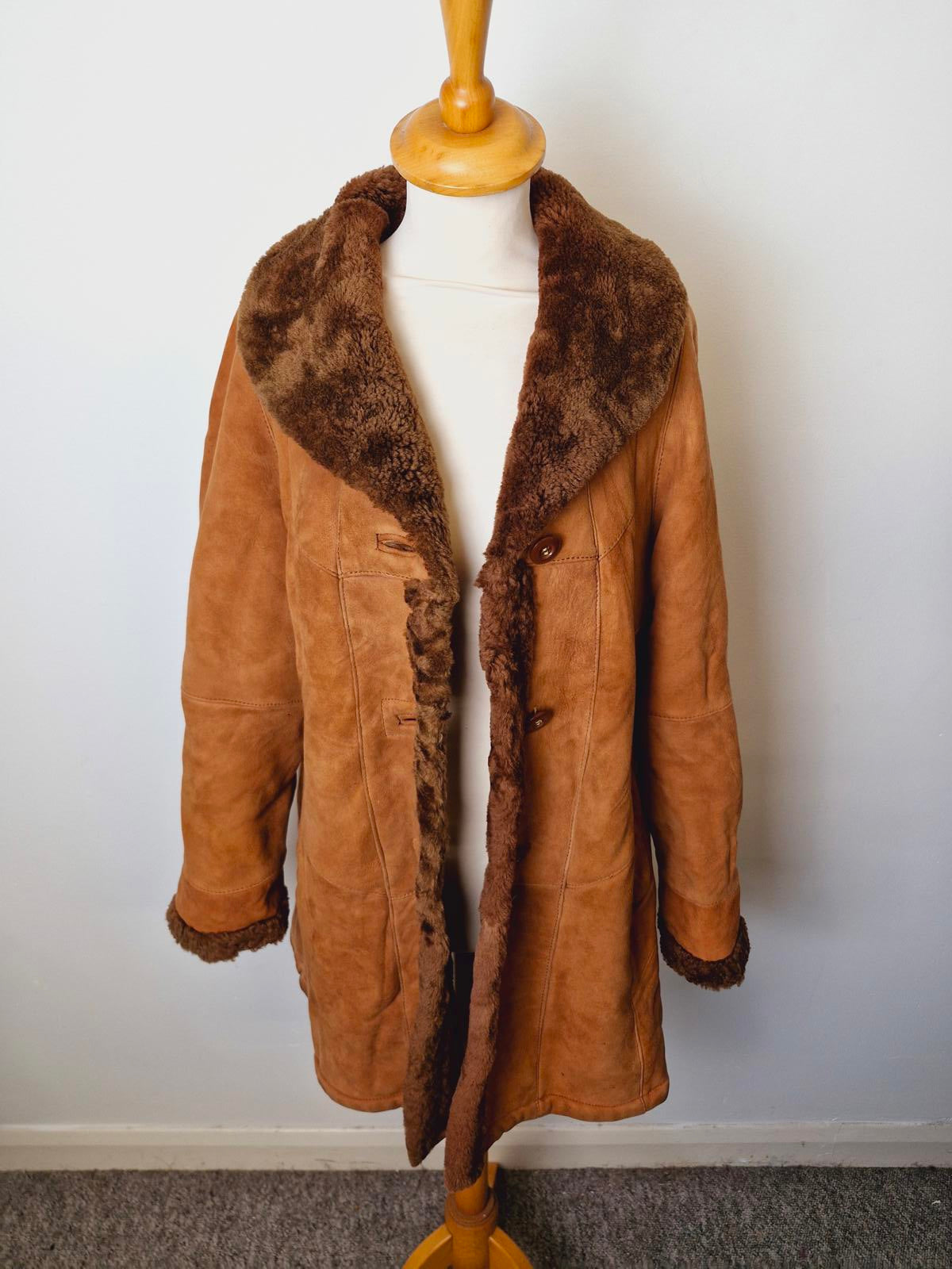 Womens Vintage Suede Sheepskin Shearling Leather Coat Jacket UK10 Tan