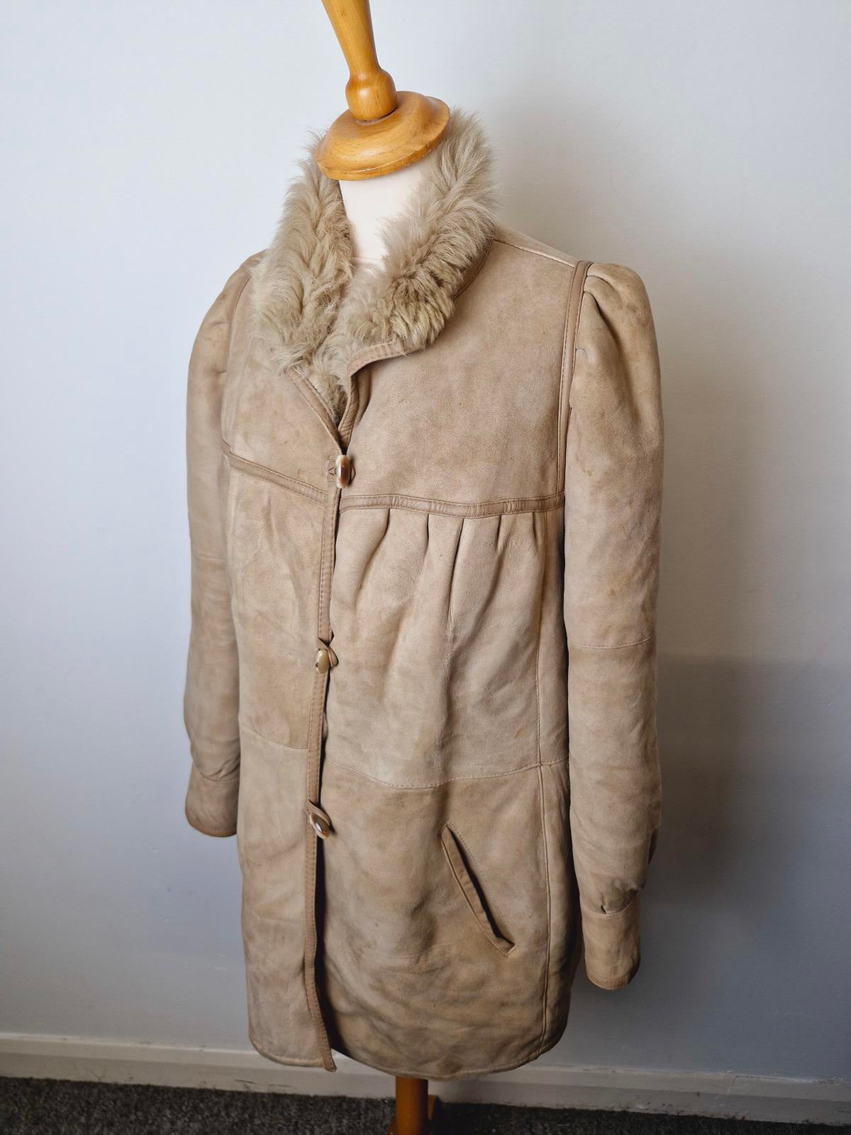 Womens Vintage 70s Real Suede Sheepskin Shearling Beige Coat Jacket M UK12