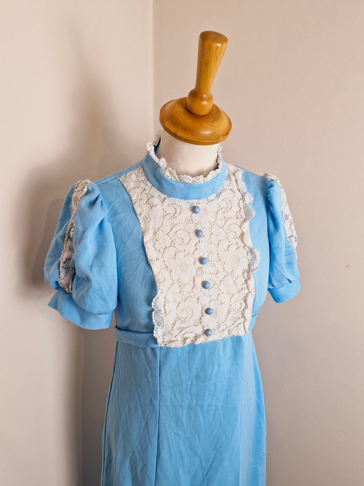 Vintage Handmade 1970s Long Maxi dress Puff Sleeve Prairie Dress Lace UK8 UK10 S