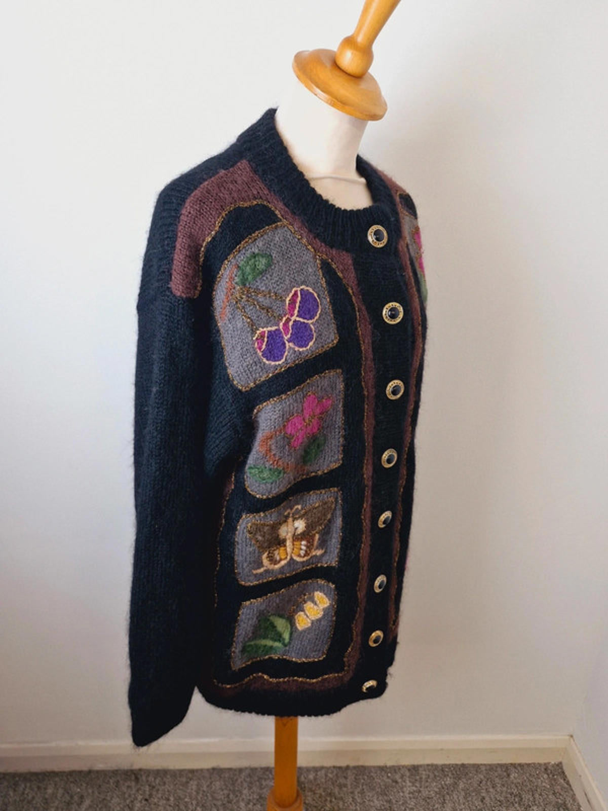 Womens Vintage Mohair Blend Black Cardigan Jacket Jumper L UK16