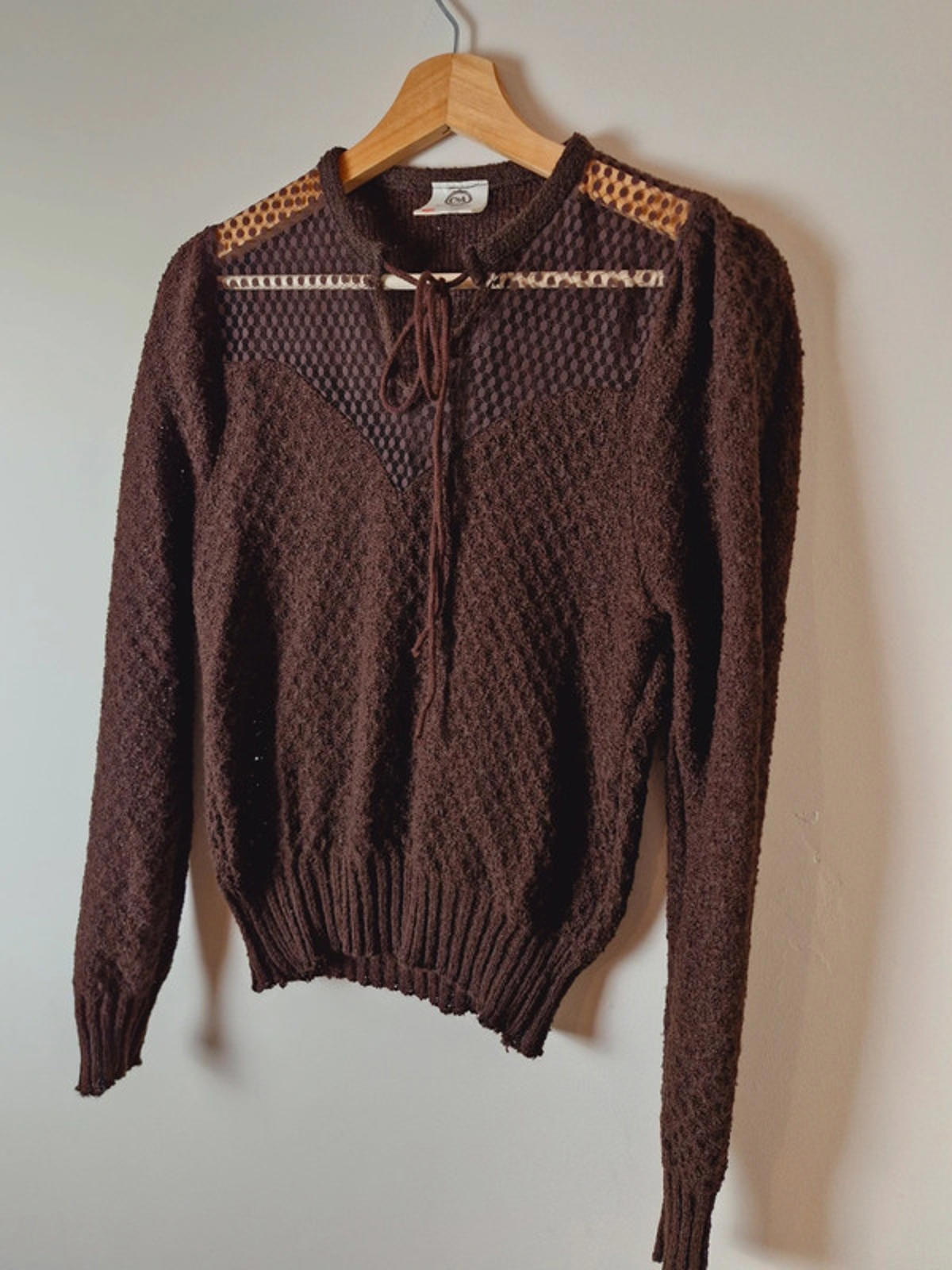 Womens Vintage 1970s 70s Brown Knitted Jumper Top Sweater M UK12