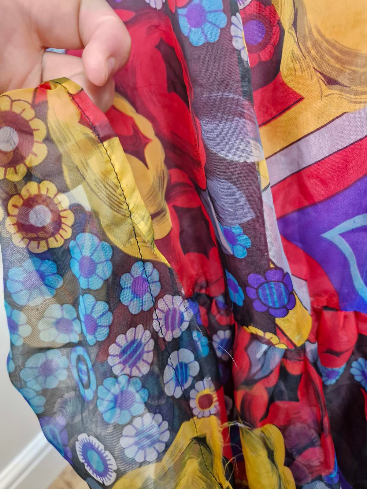 Womens Vintage 1970s 70s Maxi Boho Psychedelic Long Sleeve Dress Handmade S M