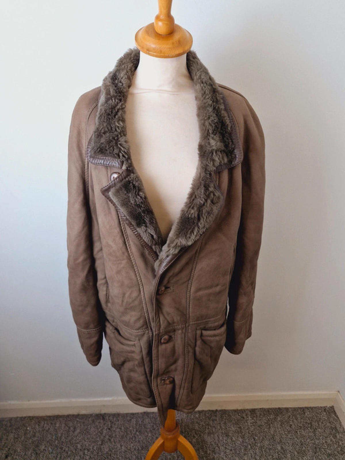 Mens Vintage Leather Suede Sheepskin Shearling Coat Jacket L