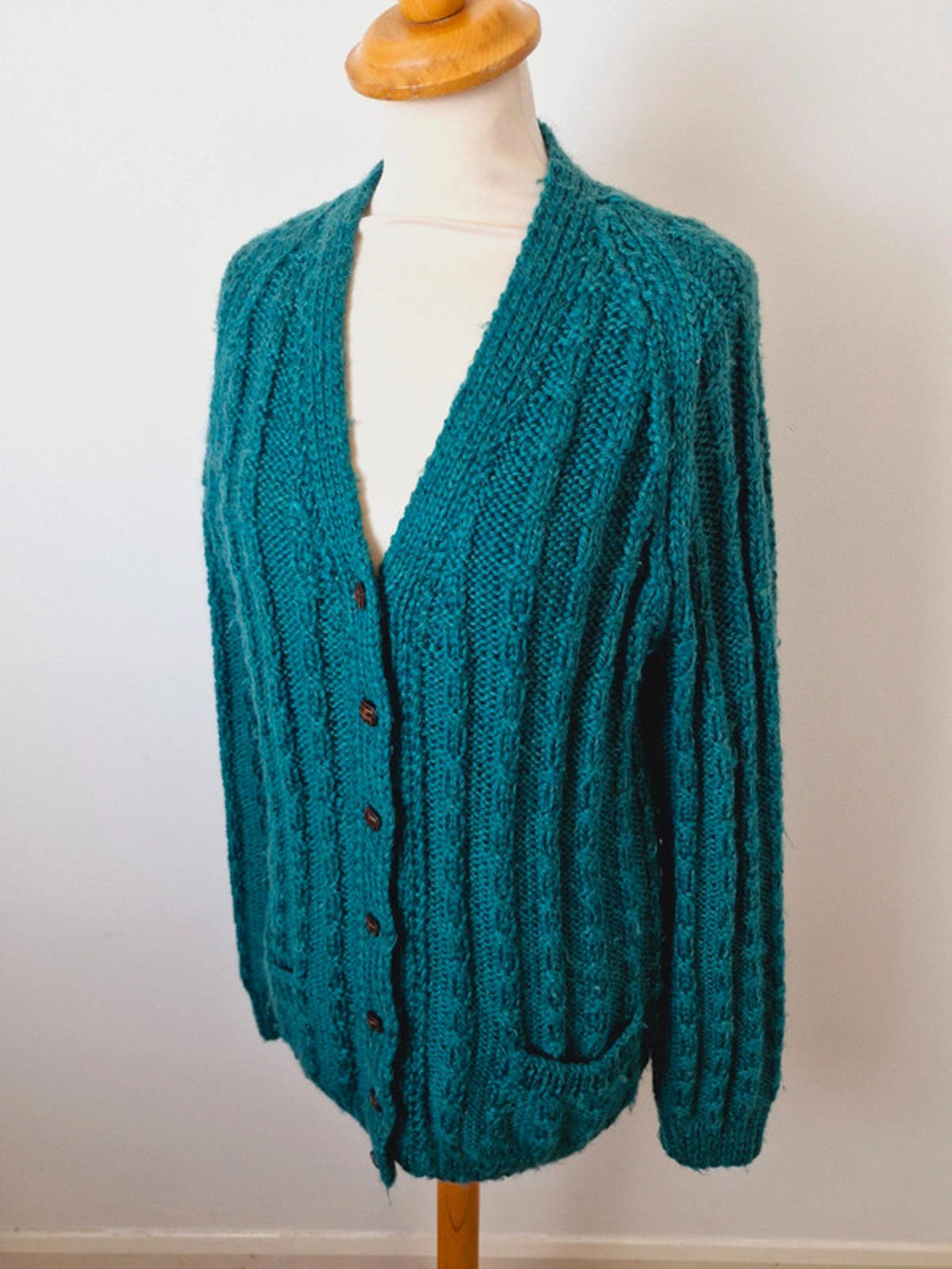 Womens Vintage Handknitted Knitted Long Cardigan Green Cable Knit M L UK14
