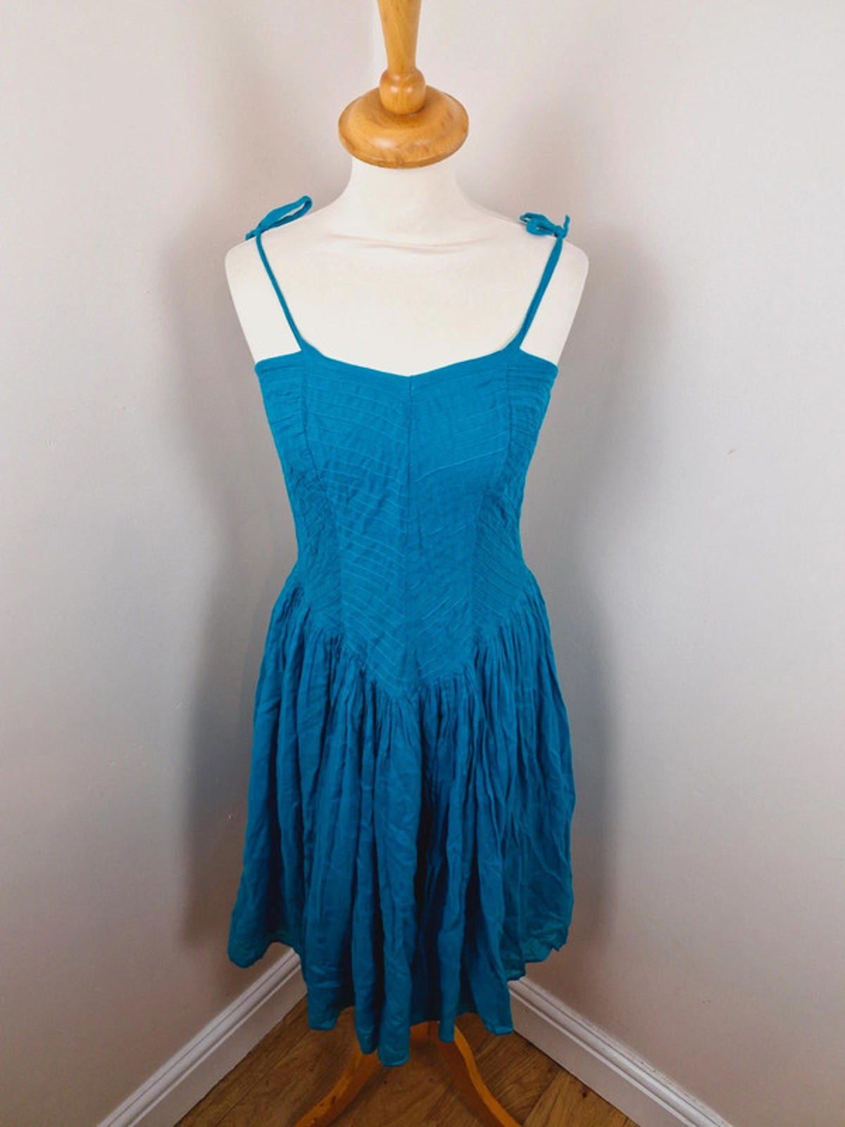 Womens Vintage 1970s 70s Indian Cotton Strappy Boho Turquoise Dress XS