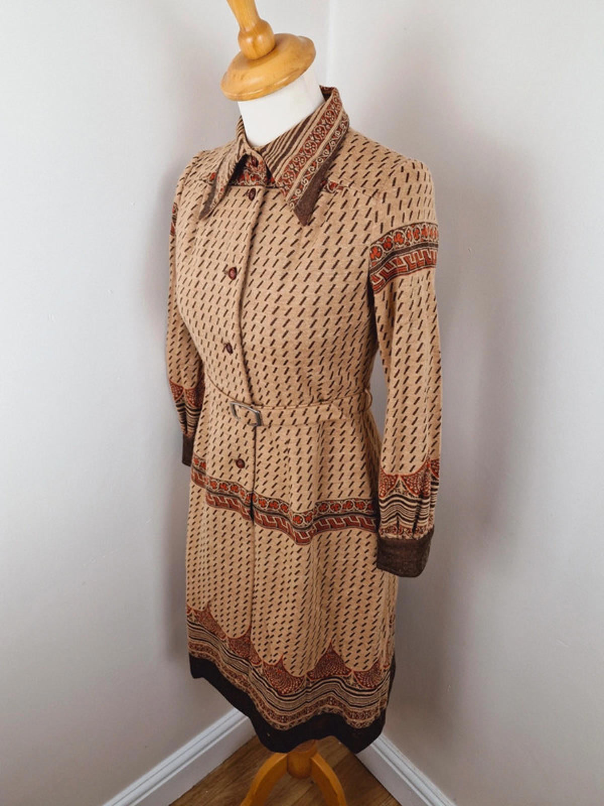 Womens Vintage 1970s 70s Collar Long Sleeve Shirt Dress S