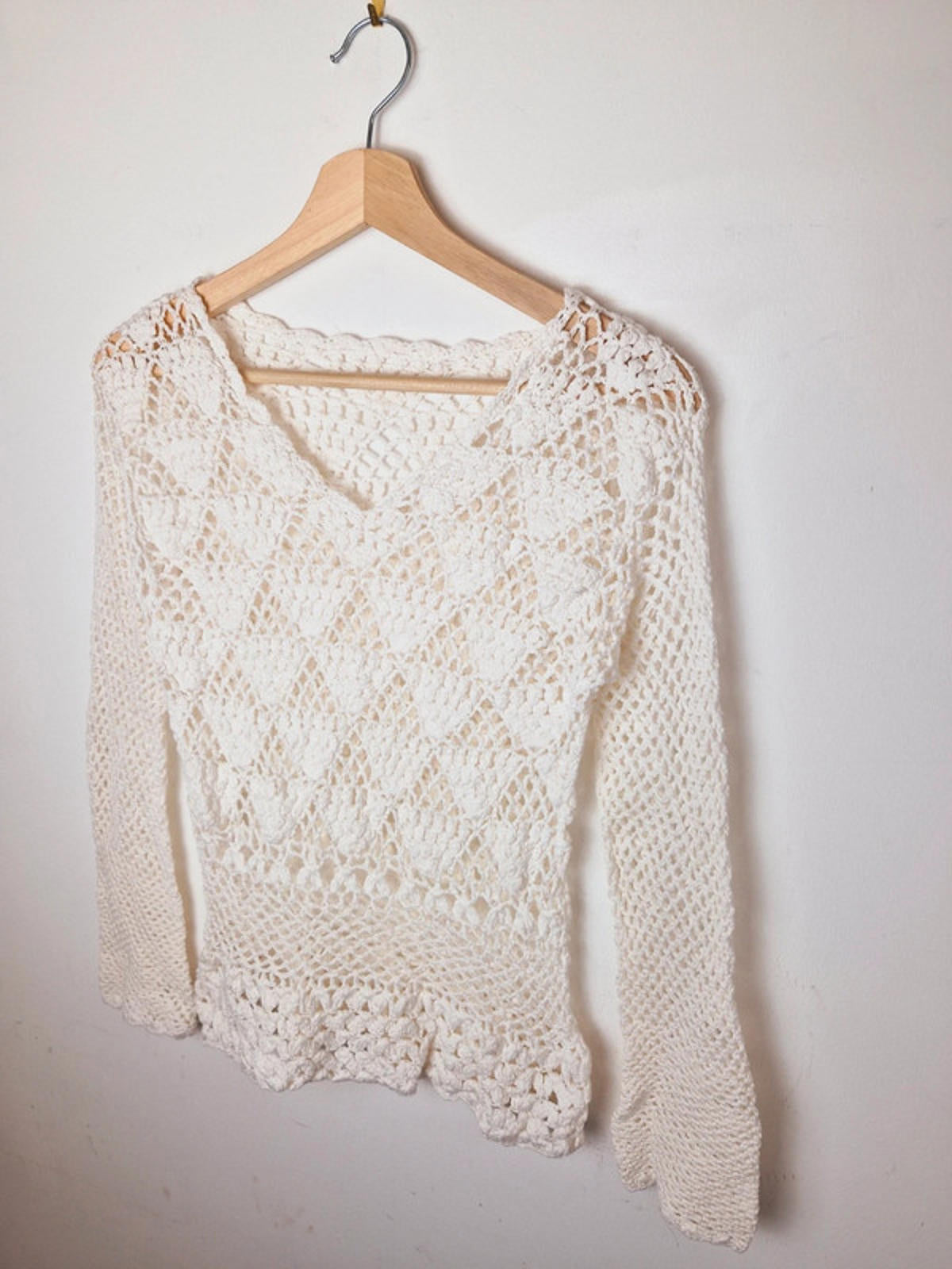 Womens Vintage 1970s Style Handcrochet Crochet Boho Long Sleeve Top S