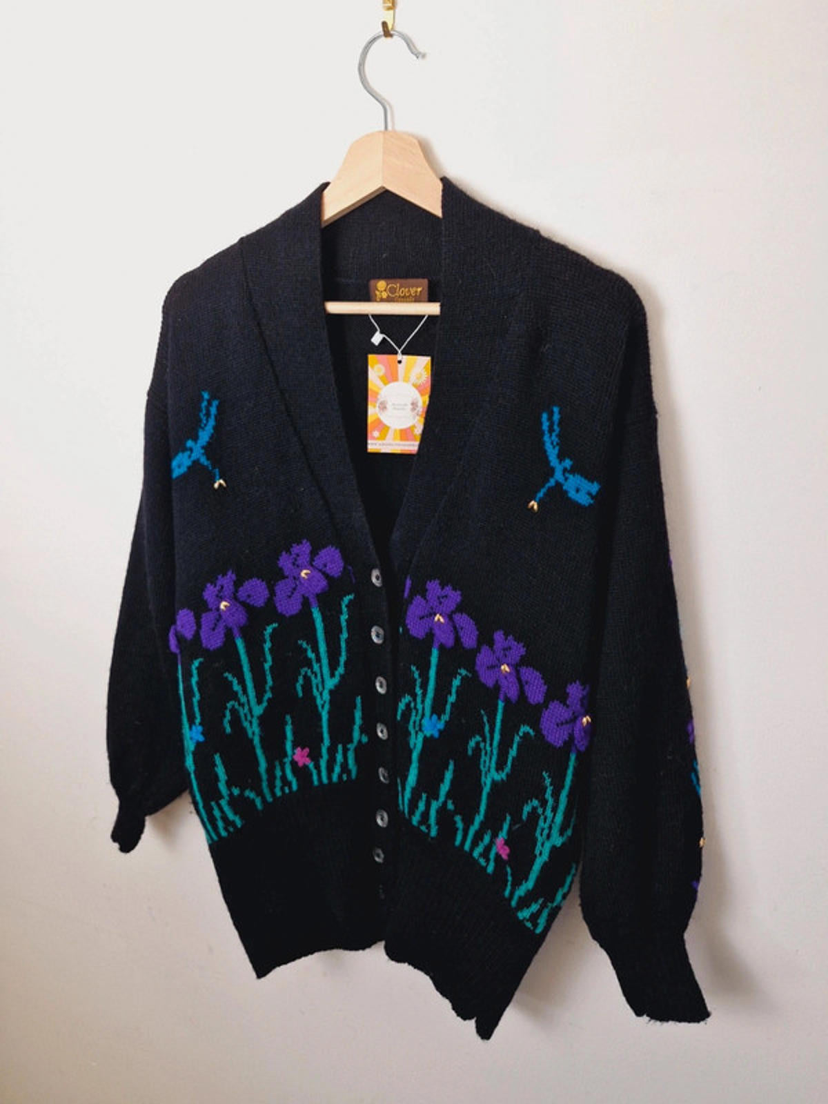 Womens Vintage Clover Wool Knitted Cardigan Jumper Black Dragonfly M