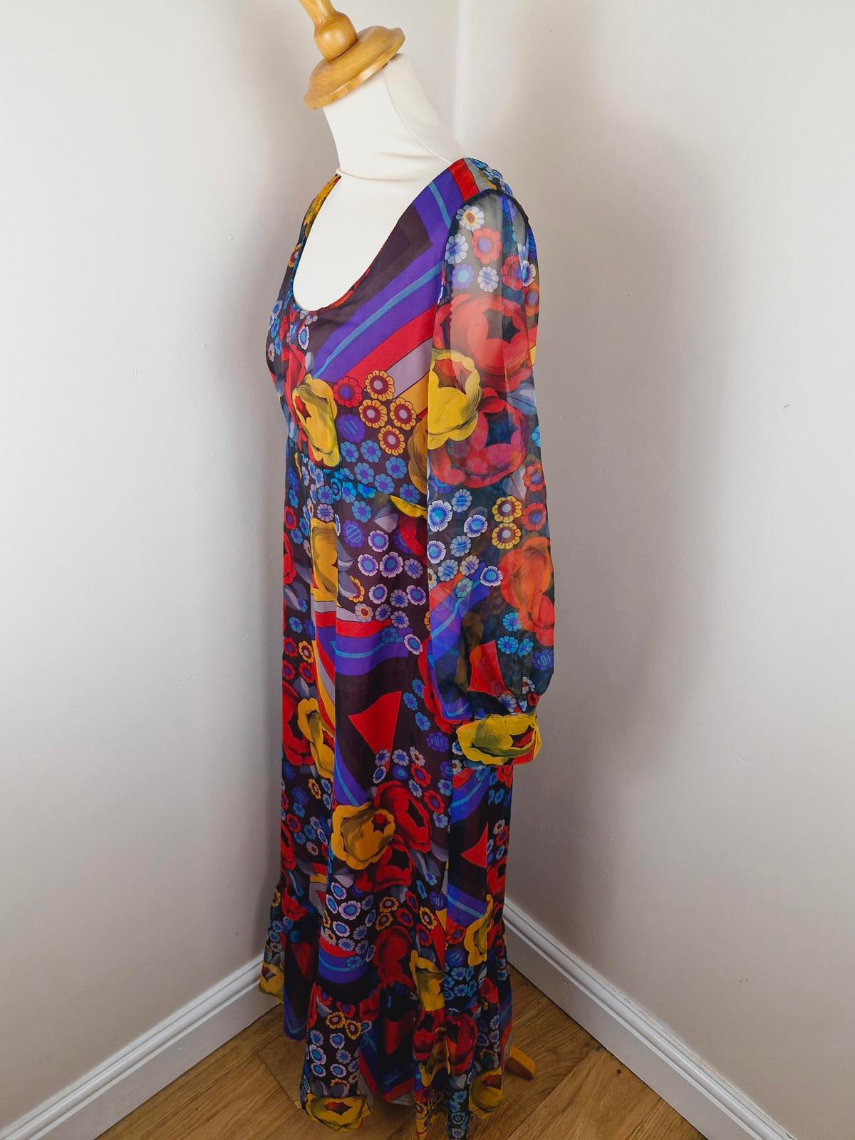 Womens Vintage 1970s 70s Maxi Boho Psychedelic Long Sleeve Dress Handmade S M
