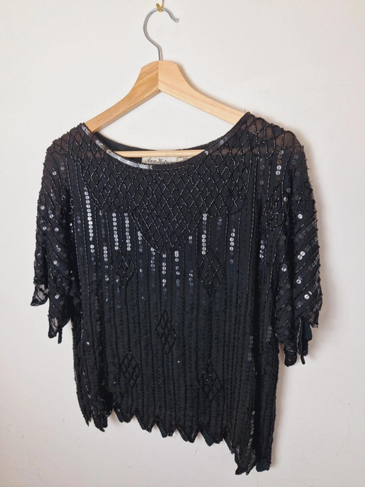 Womens Vintage Black Silk Sequin Beaded Top Blouse Festival M