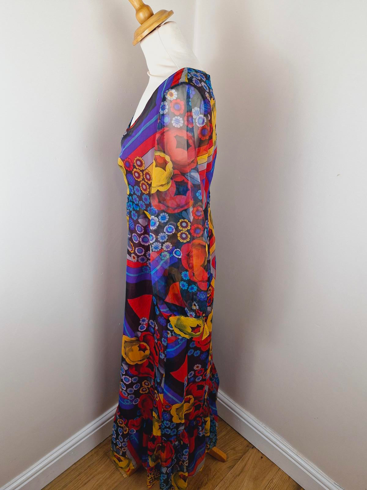 Womens Vintage 1970s 70s Maxi Boho Psychedelic Long Sleeve Dress Handmade S M