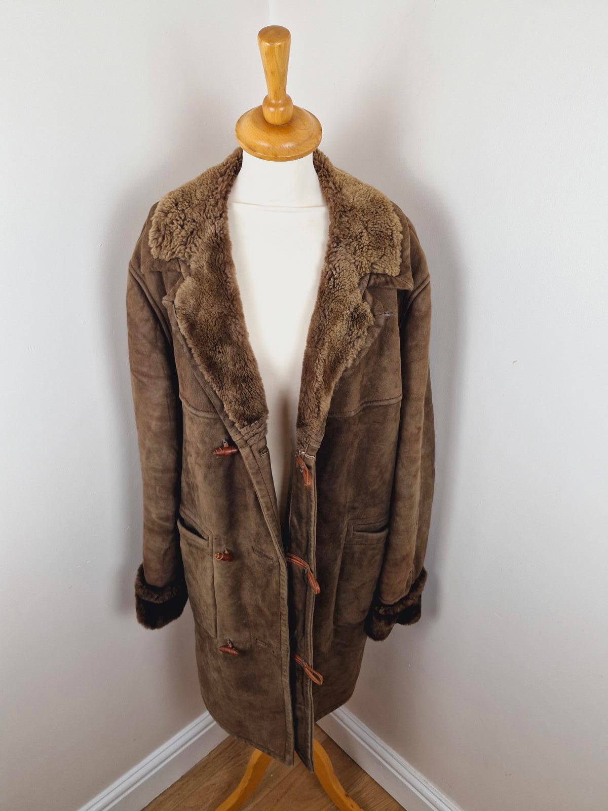 Mens 1970s Suede Sheepskin Coat L XL
