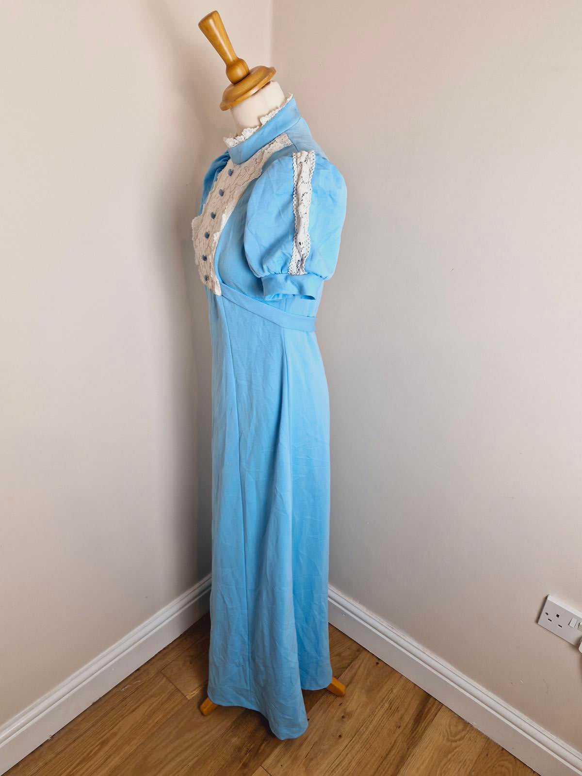Vintage Handmade 1970s Long Maxi dress Puff Sleeve Prairie Dress Lace UK8 UK10 S
