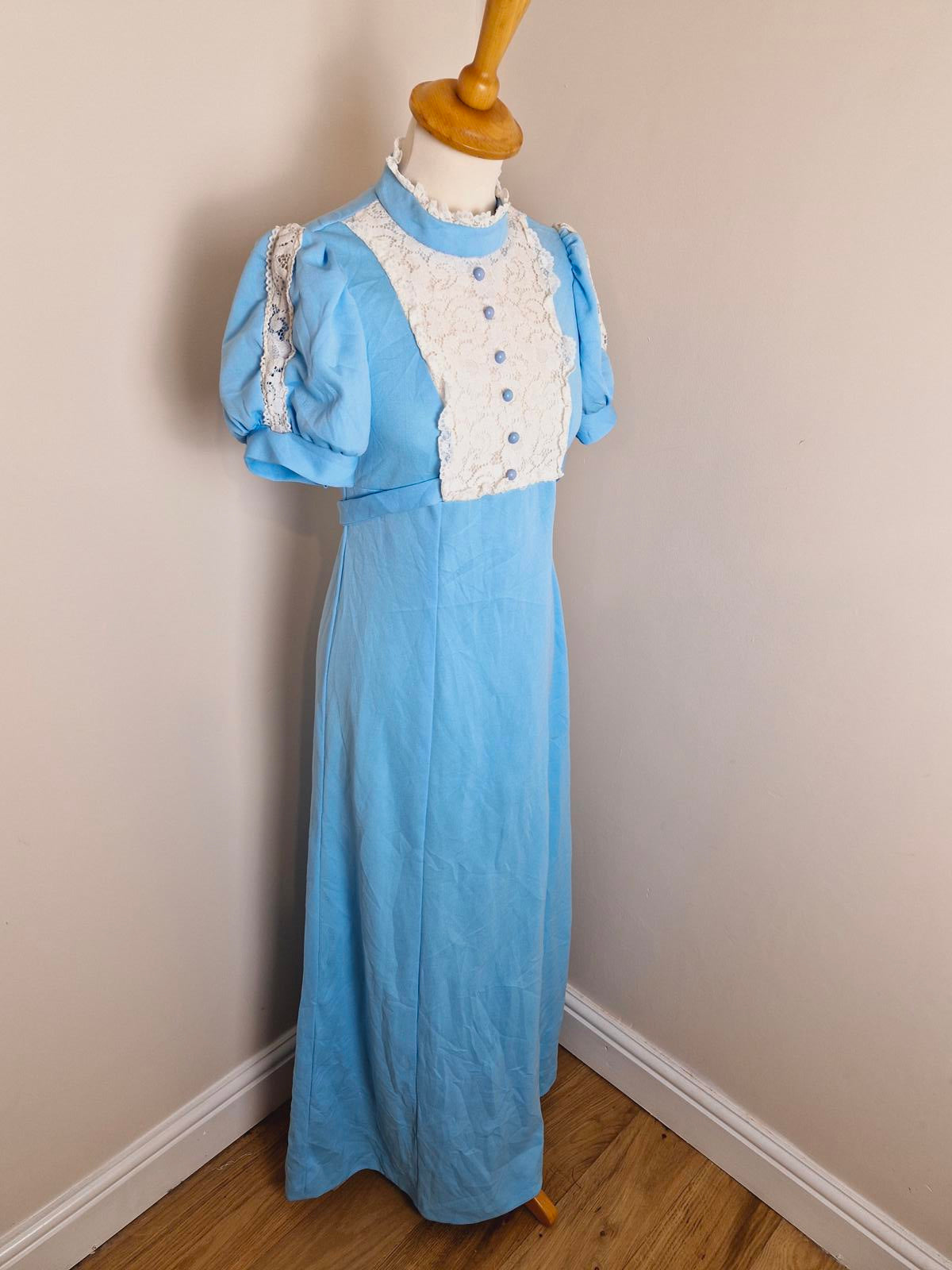 Vintage Handmade 1970s Long Maxi dress Puff Sleeve Prairie Dress Lace UK8 UK10 S