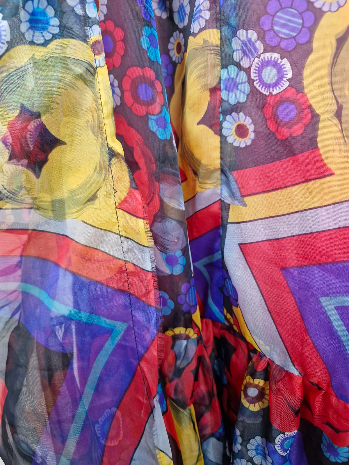 Womens Vintage 1970s 70s Maxi Boho Psychedelic Long Sleeve Dress Handmade S M