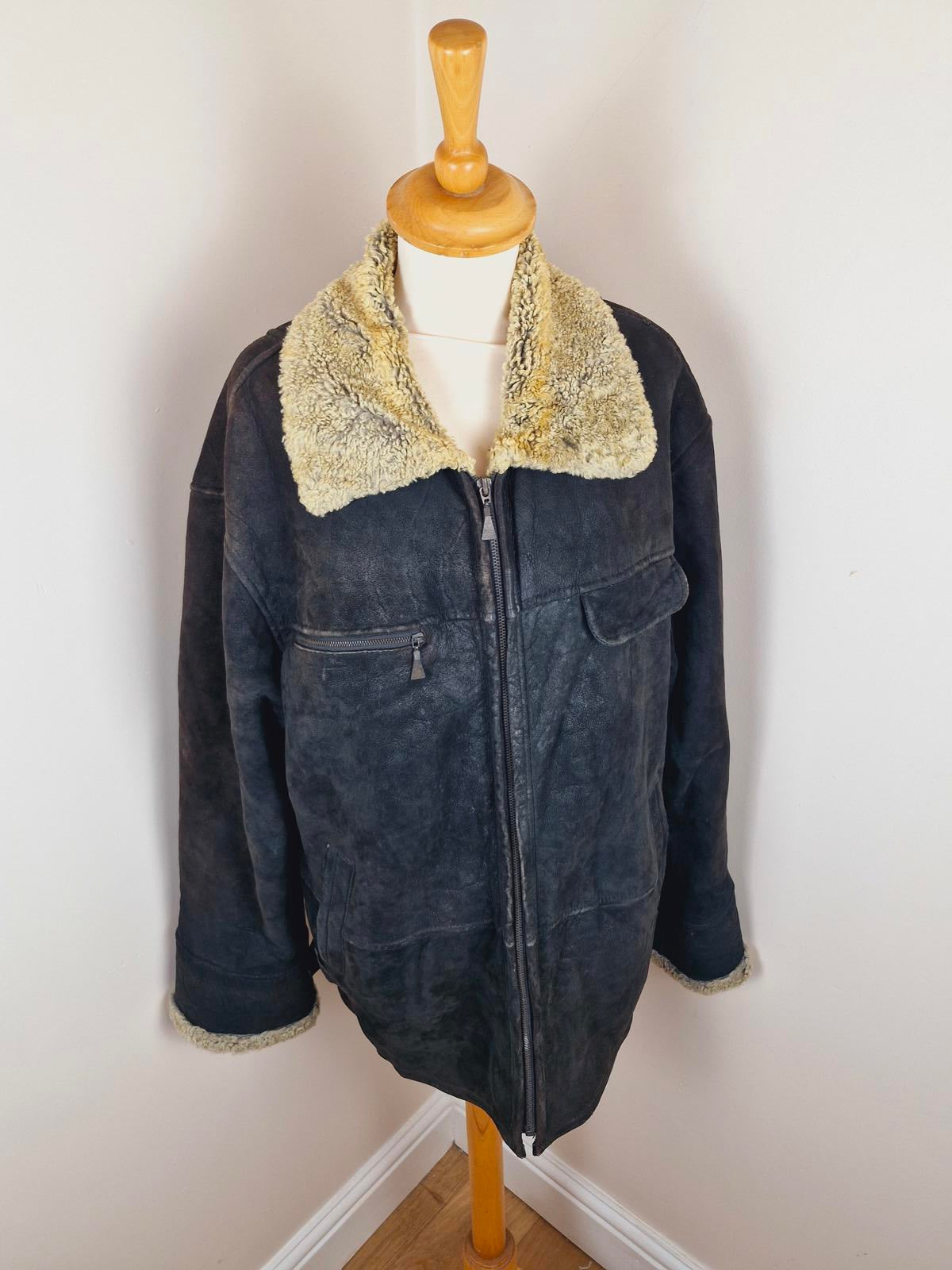 Mens Black Sheepskin Bomber Jacket XXL