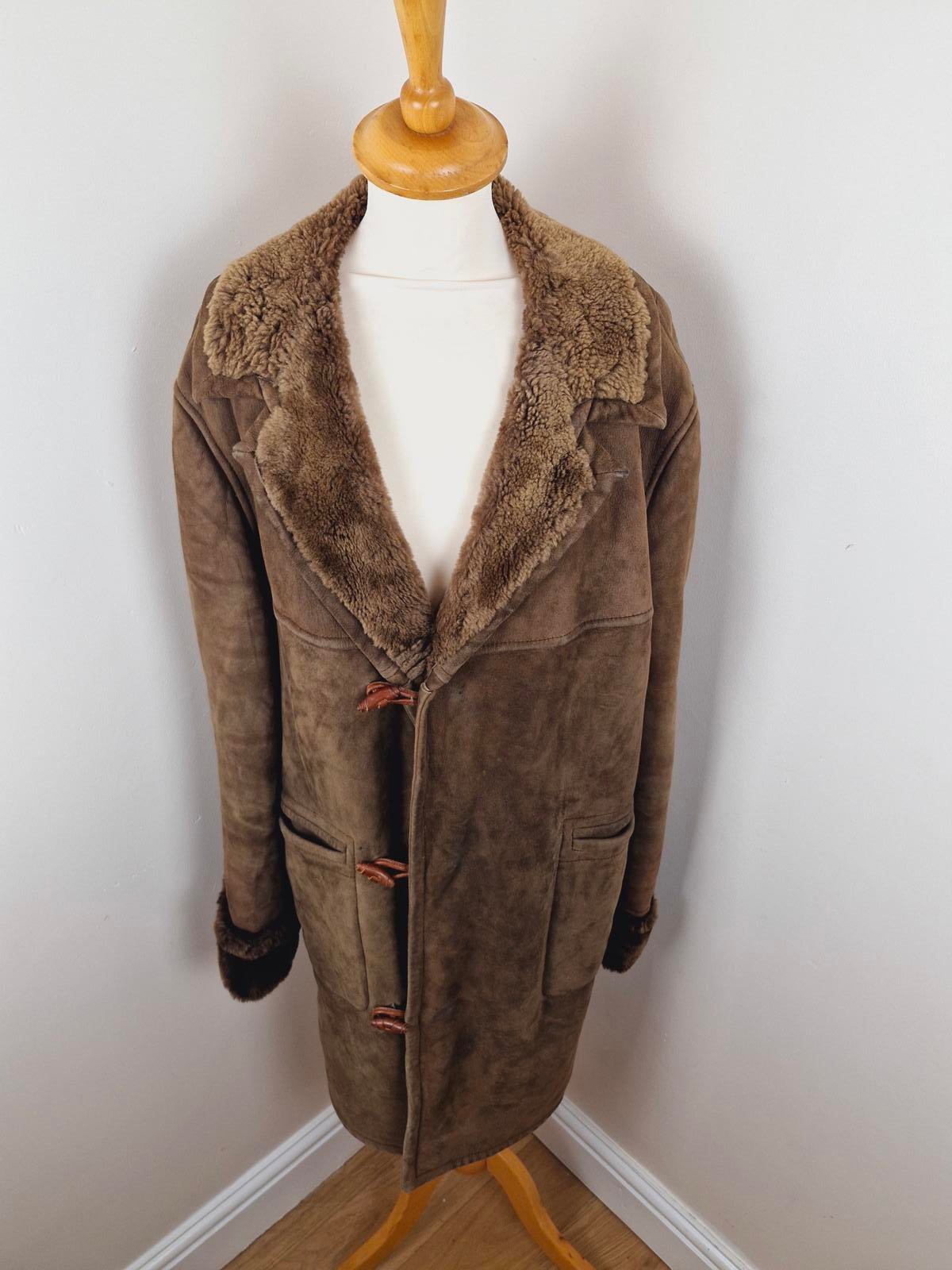 Mens 1970s Suede Sheepskin Coat L XL