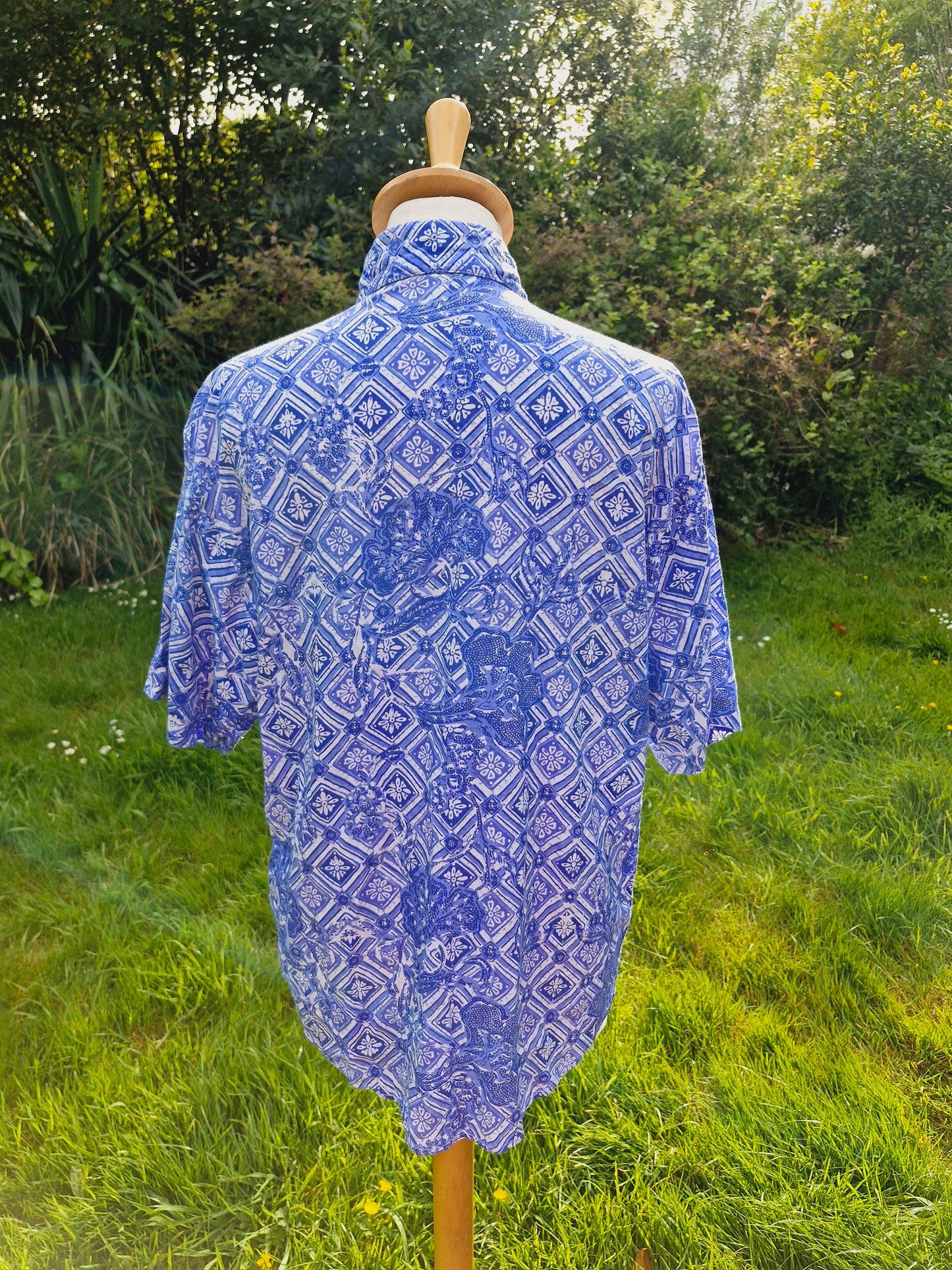 Cotton Block Print Blue & White Summer Shirt L