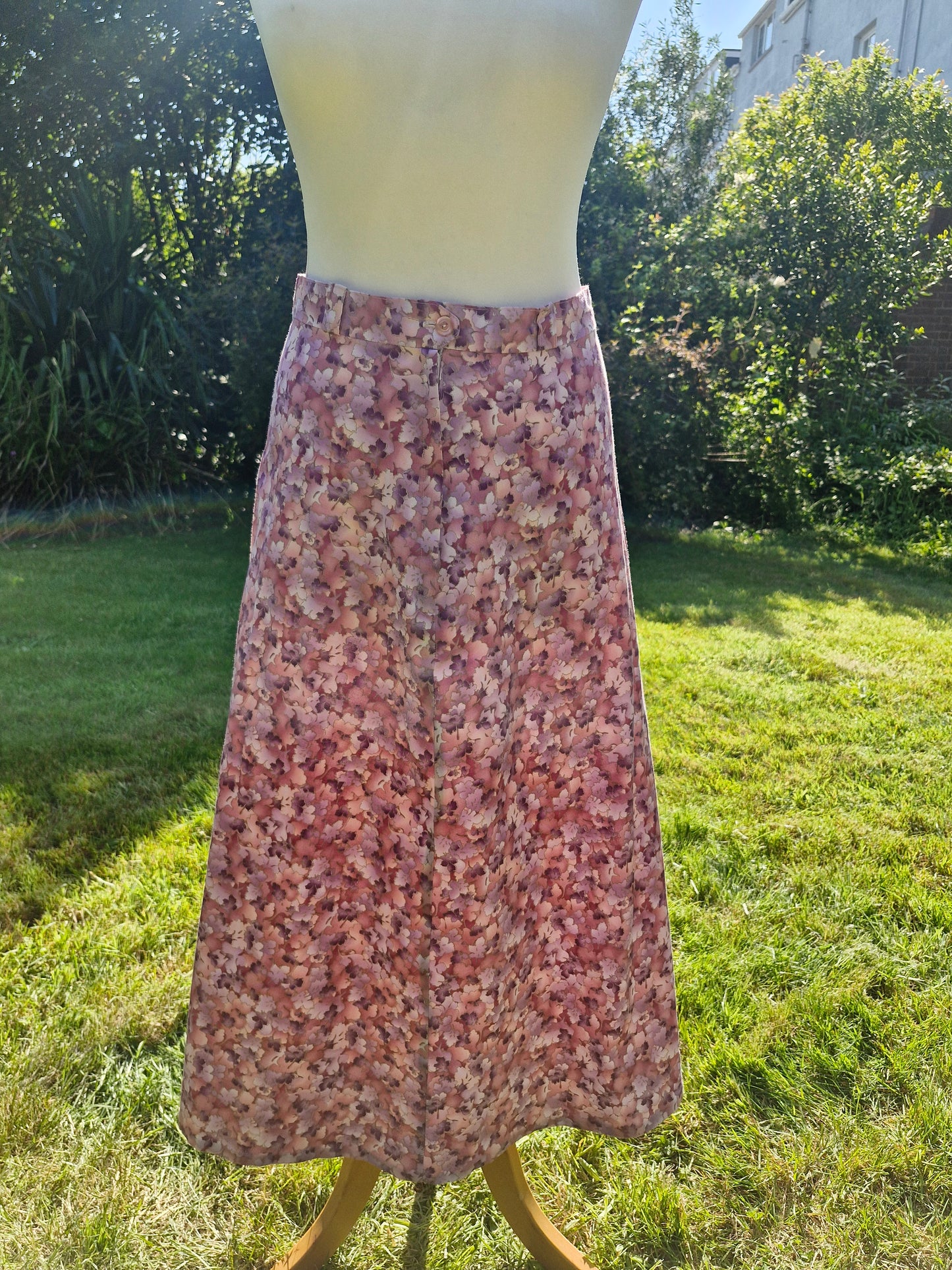 Vintage Handmade 1970s Pink & Purple Floral Aline Long Skirt S
