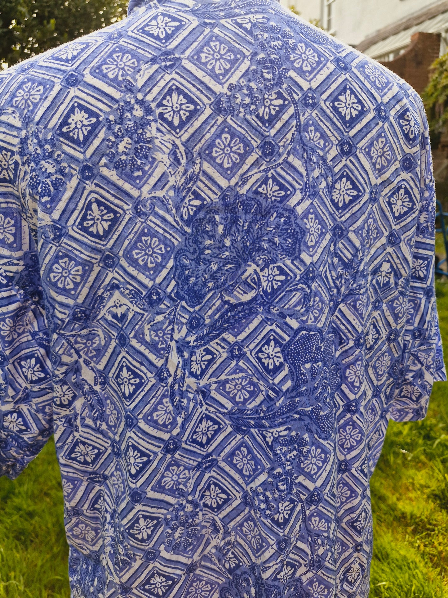 Cotton Block Print Blue & White Summer Shirt L