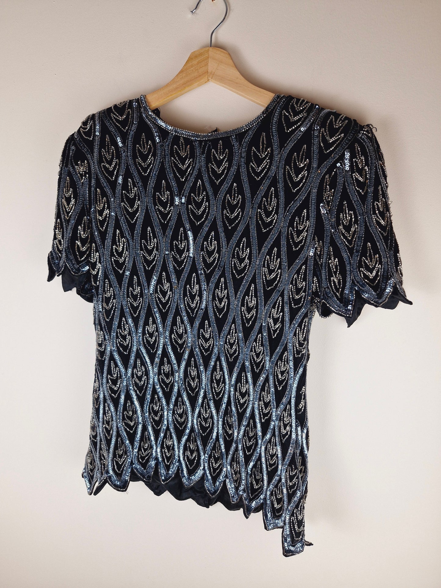 Vintage Beaded Sequin Silk Black Silver Top M L