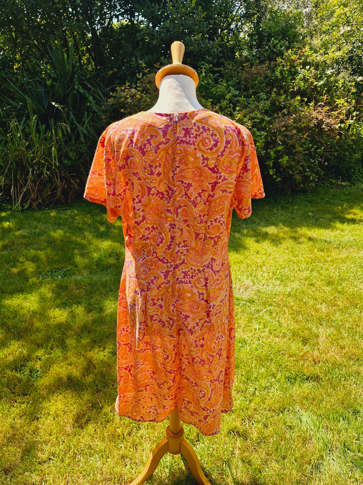 1970s Orange & Pink Paisley Midi Dress L
