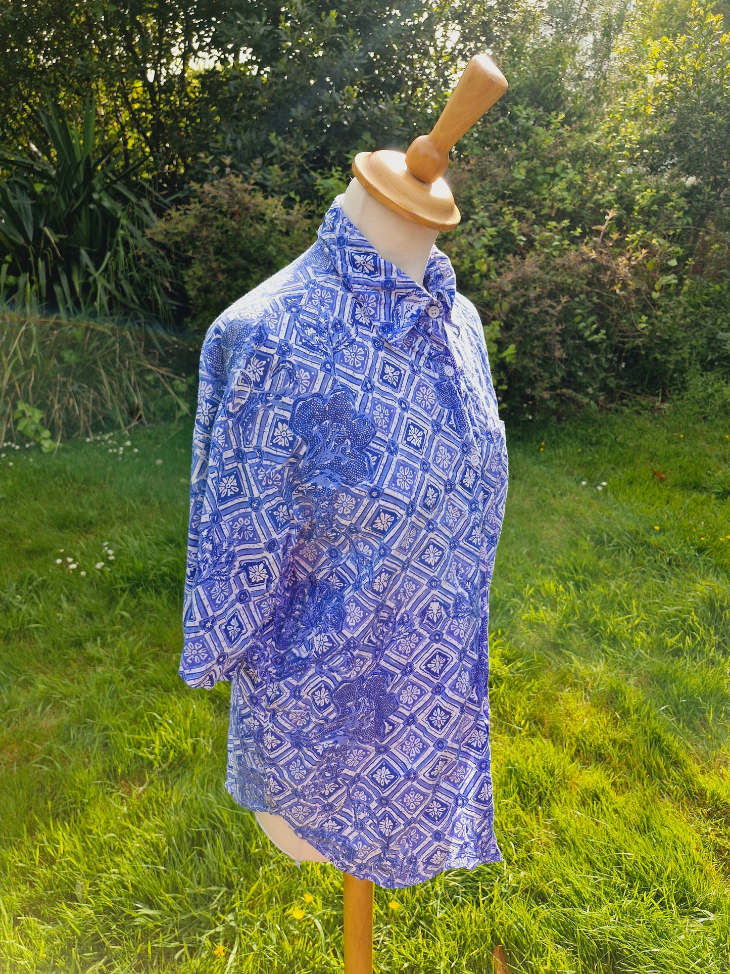 Cotton Block Print Blue & White Summer Shirt L