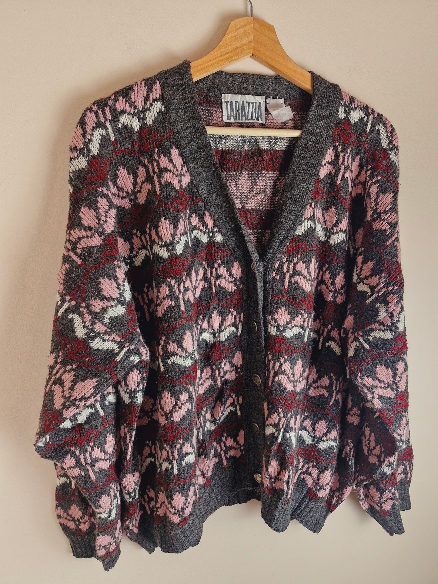 Vintage Floral Grey Pink Cardigan L