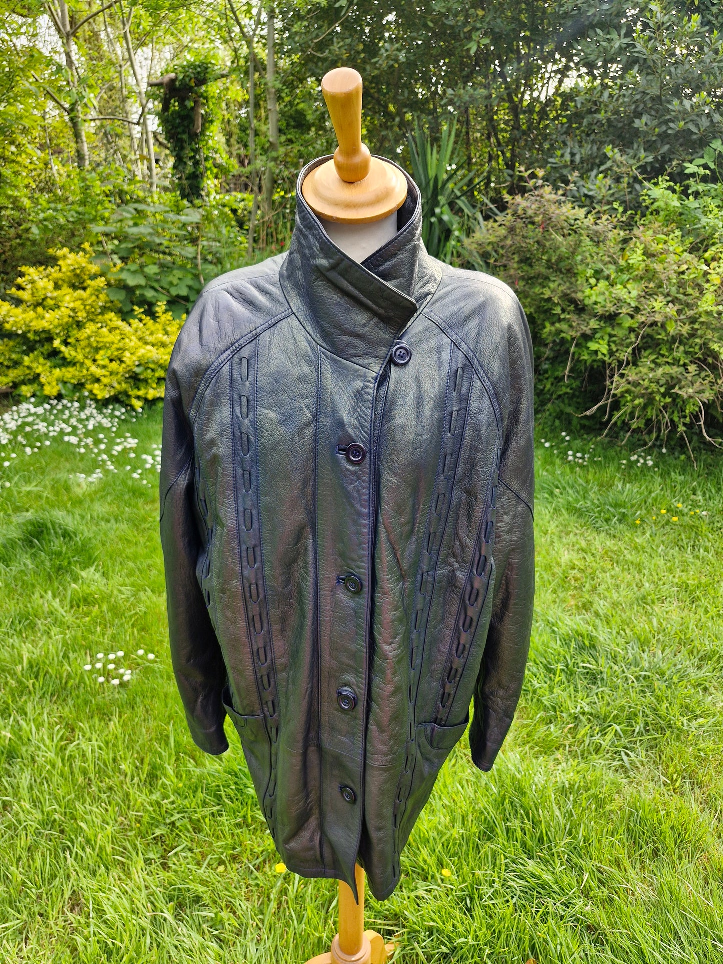 Vintage Blue Black Metallic Leather Jacket Coat L