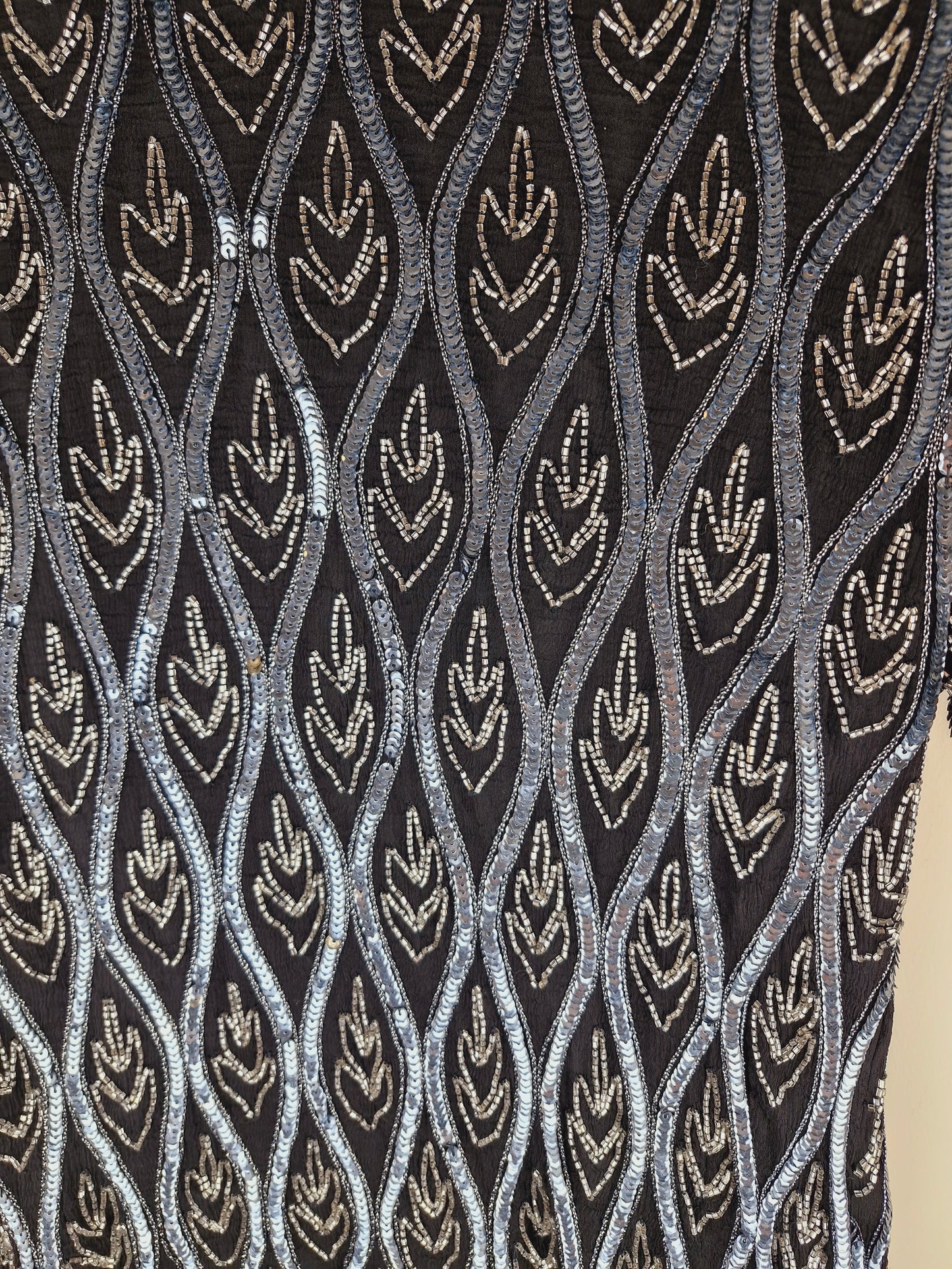 Vintage Beaded Sequin Silk Black Silver Top M L
