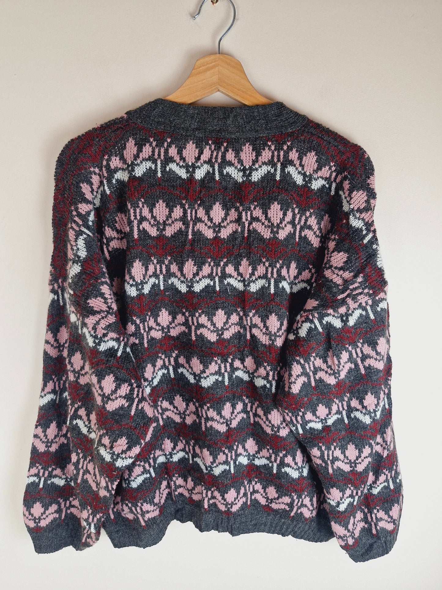 Vintage Floral Grey Pink Cardigan L