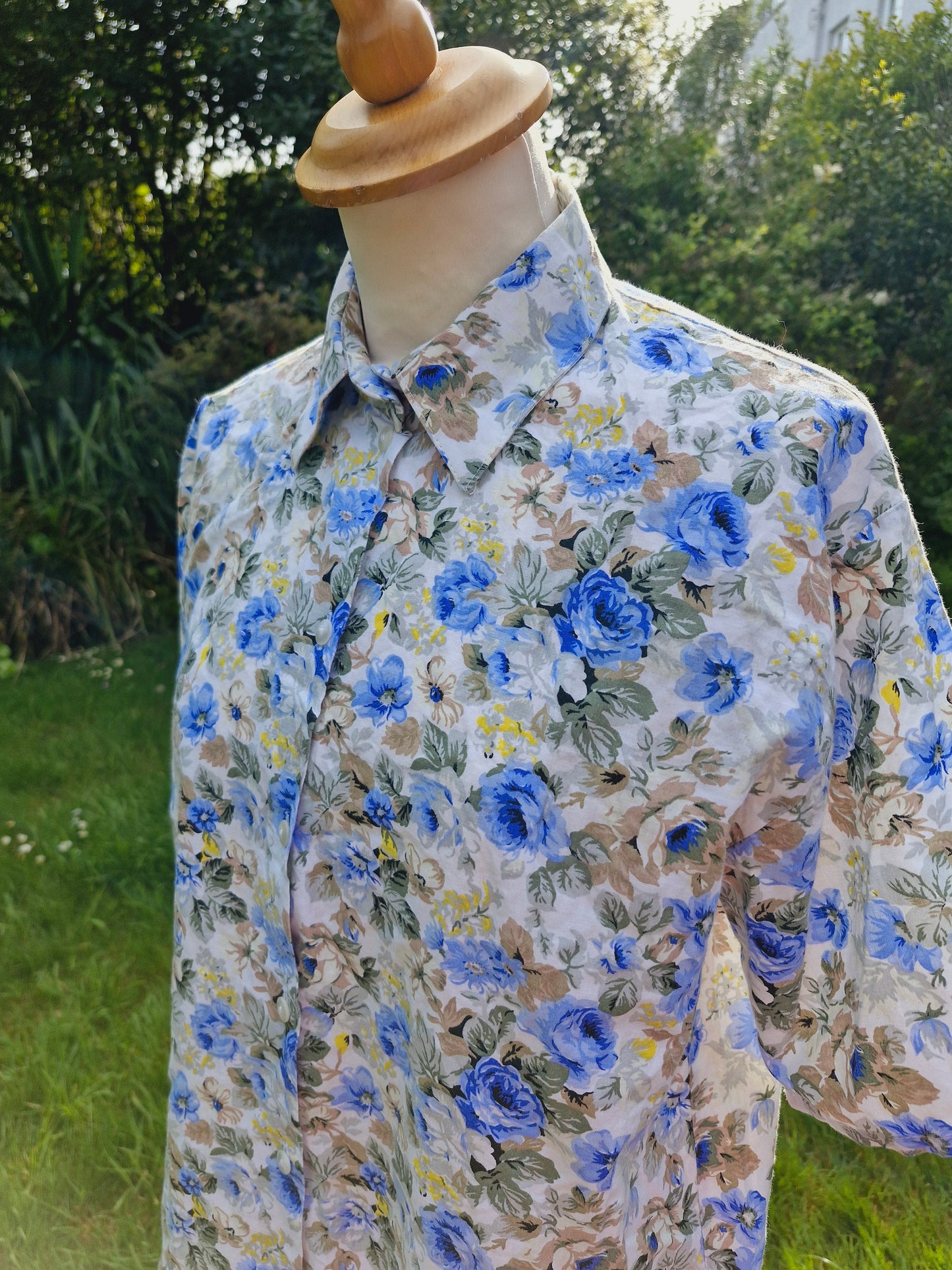 Blue Floral Summer Shirt Top Blouse L