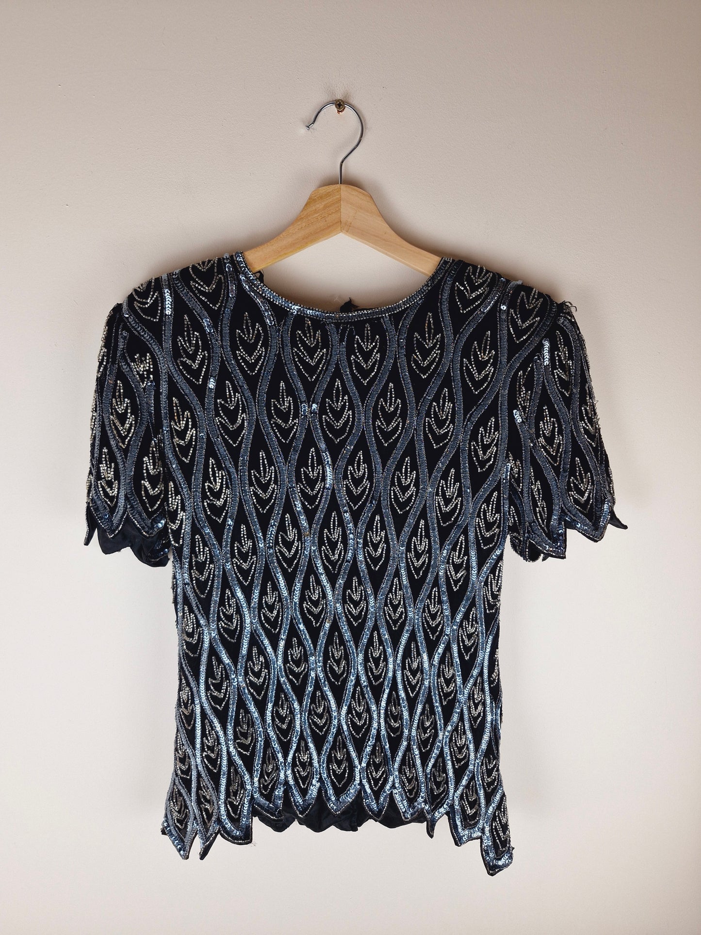 Vintage Beaded Sequin Silk Black Silver Top M L