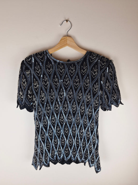 Vintage Beaded Sequin Silk Black Silver Top M L