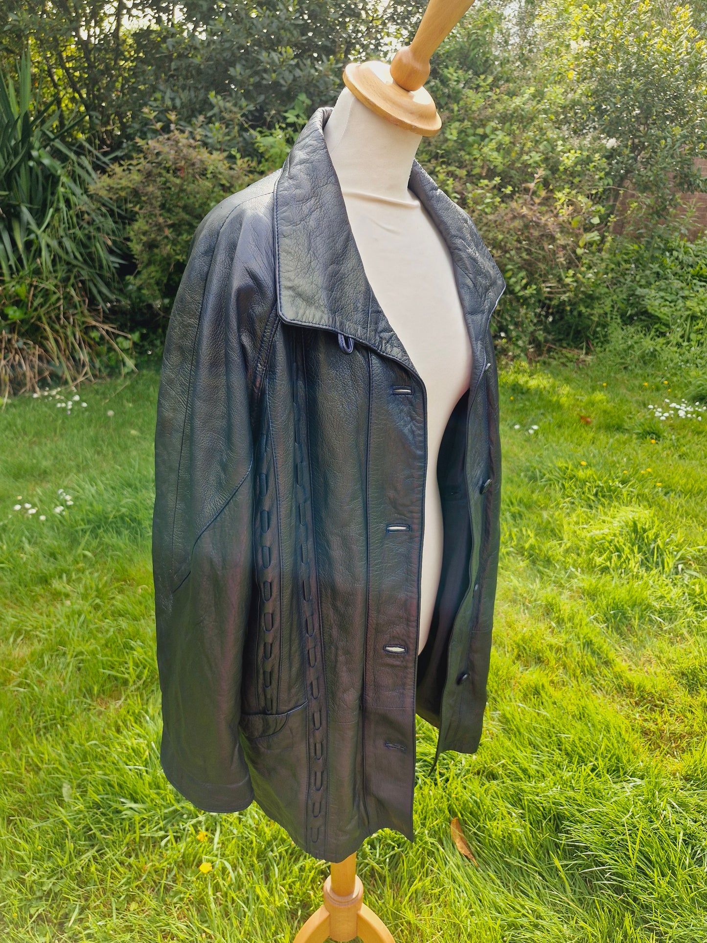 Vintage Blue Black Metallic Leather Jacket Coat L