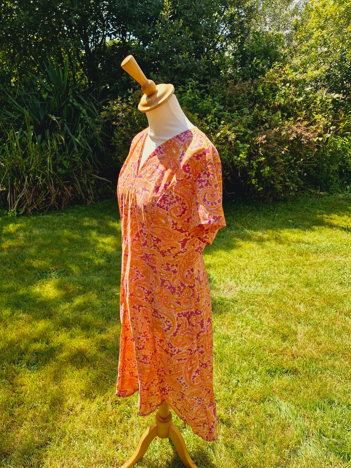 1970s Orange & Pink Paisley Midi Dress L