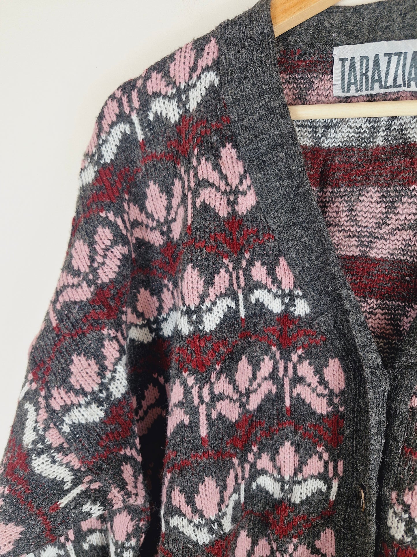 Vintage Floral Grey Pink Cardigan L