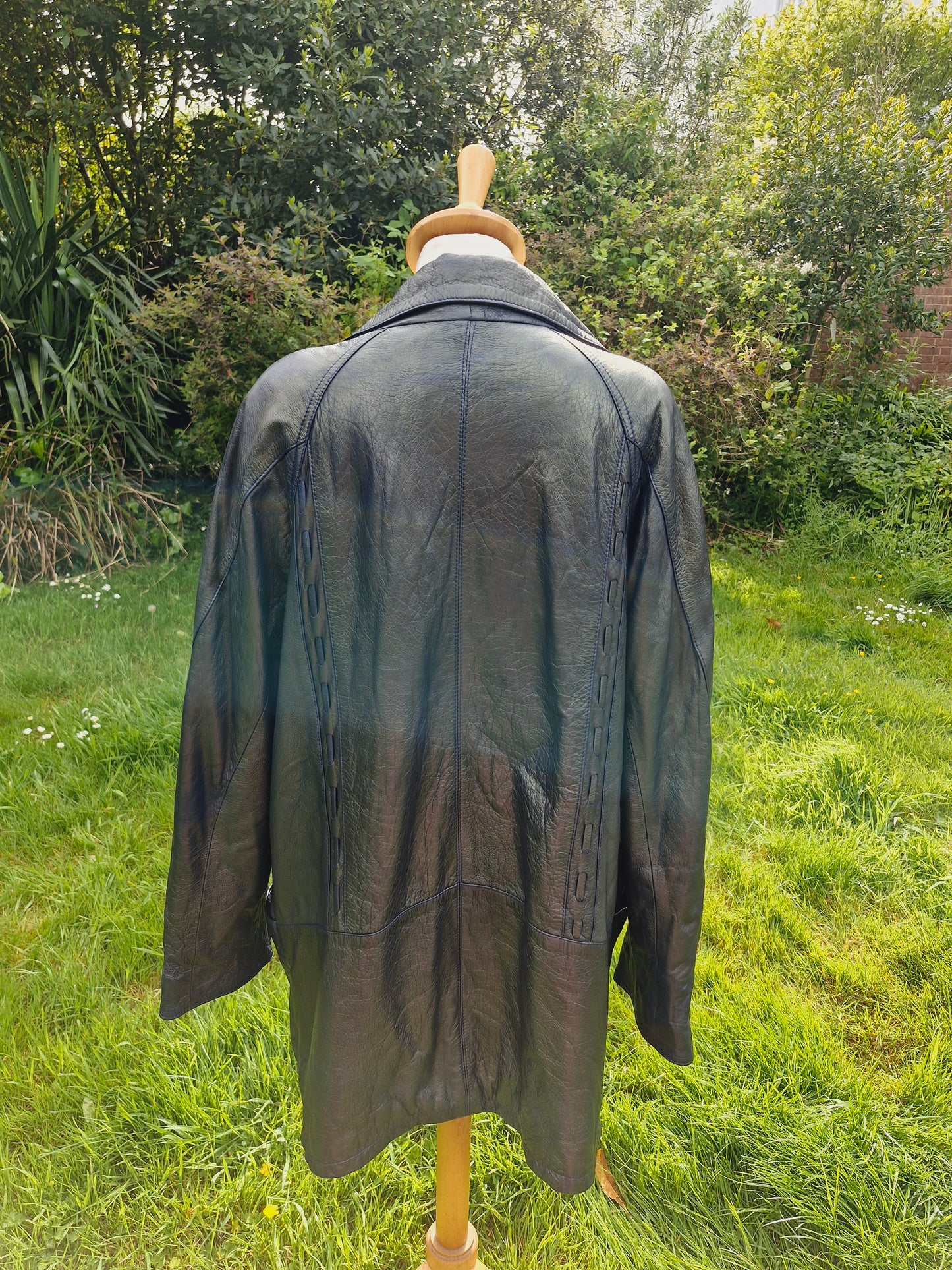 Vintage Blue Black Metallic Leather Jacket Coat L