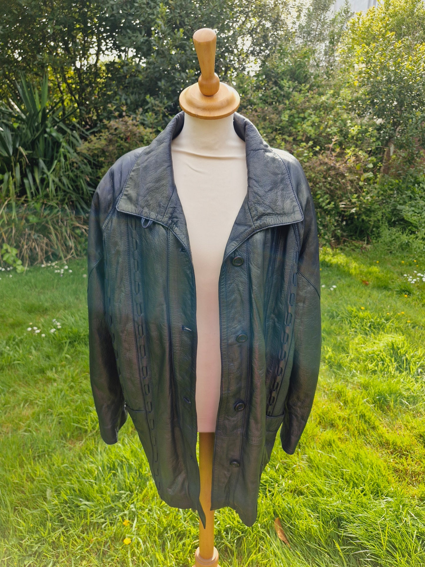 Vintage Blue Black Metallic Leather Jacket Coat L