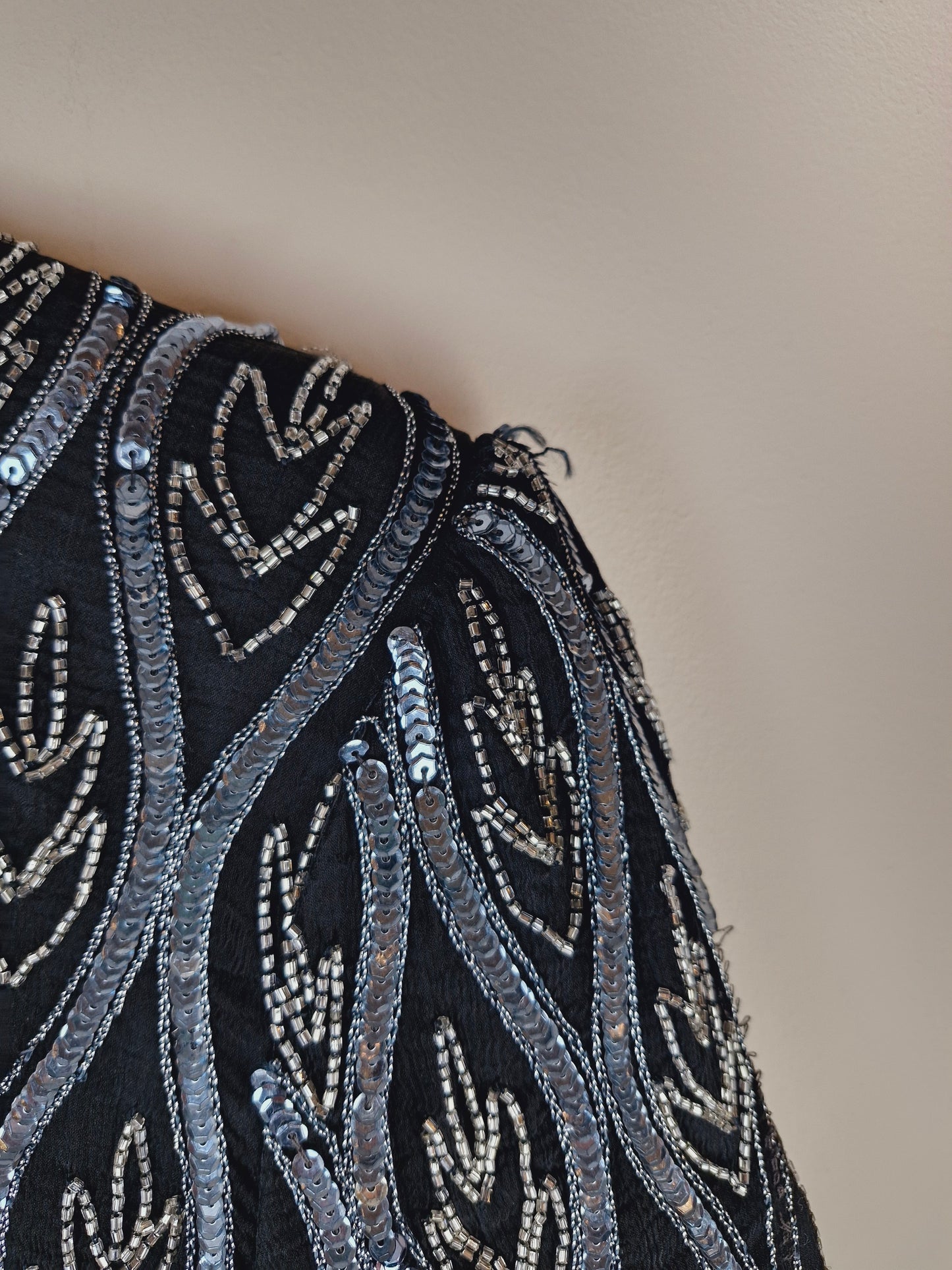Vintage Beaded Sequin Silk Black Silver Top M L
