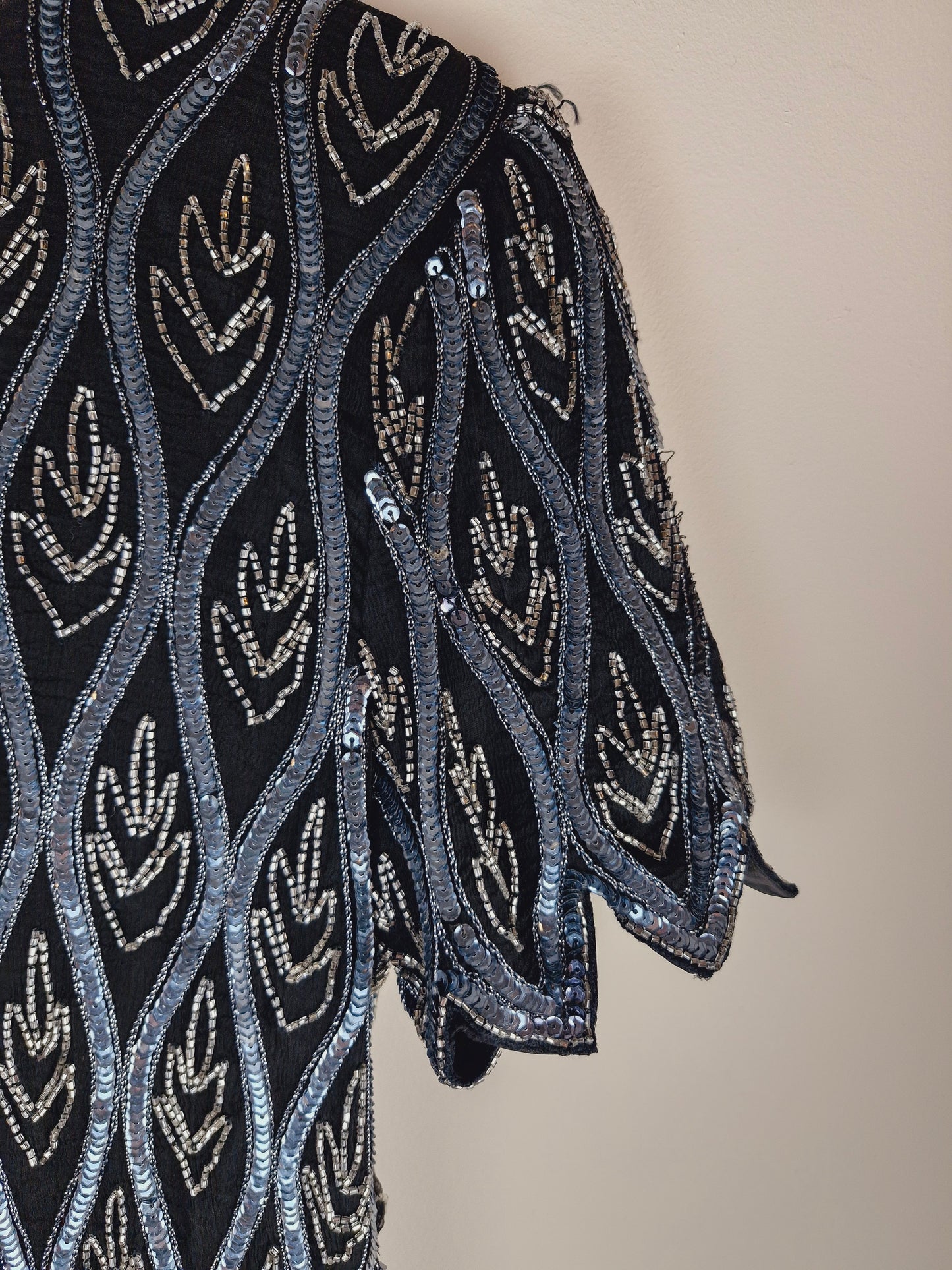 Vintage Beaded Sequin Silk Black Silver Top M L