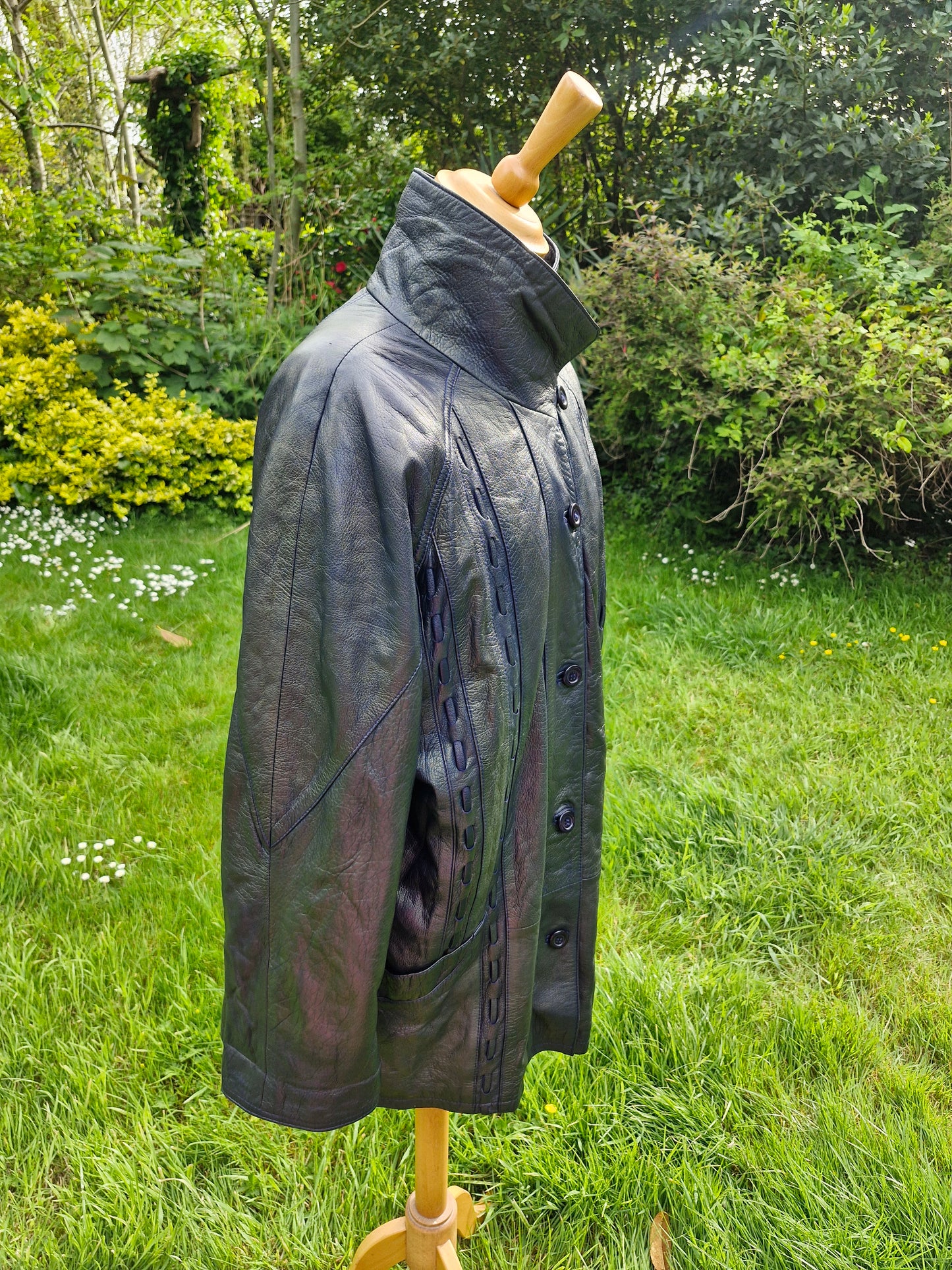 Vintage Blue Black Metallic Leather Jacket Coat L